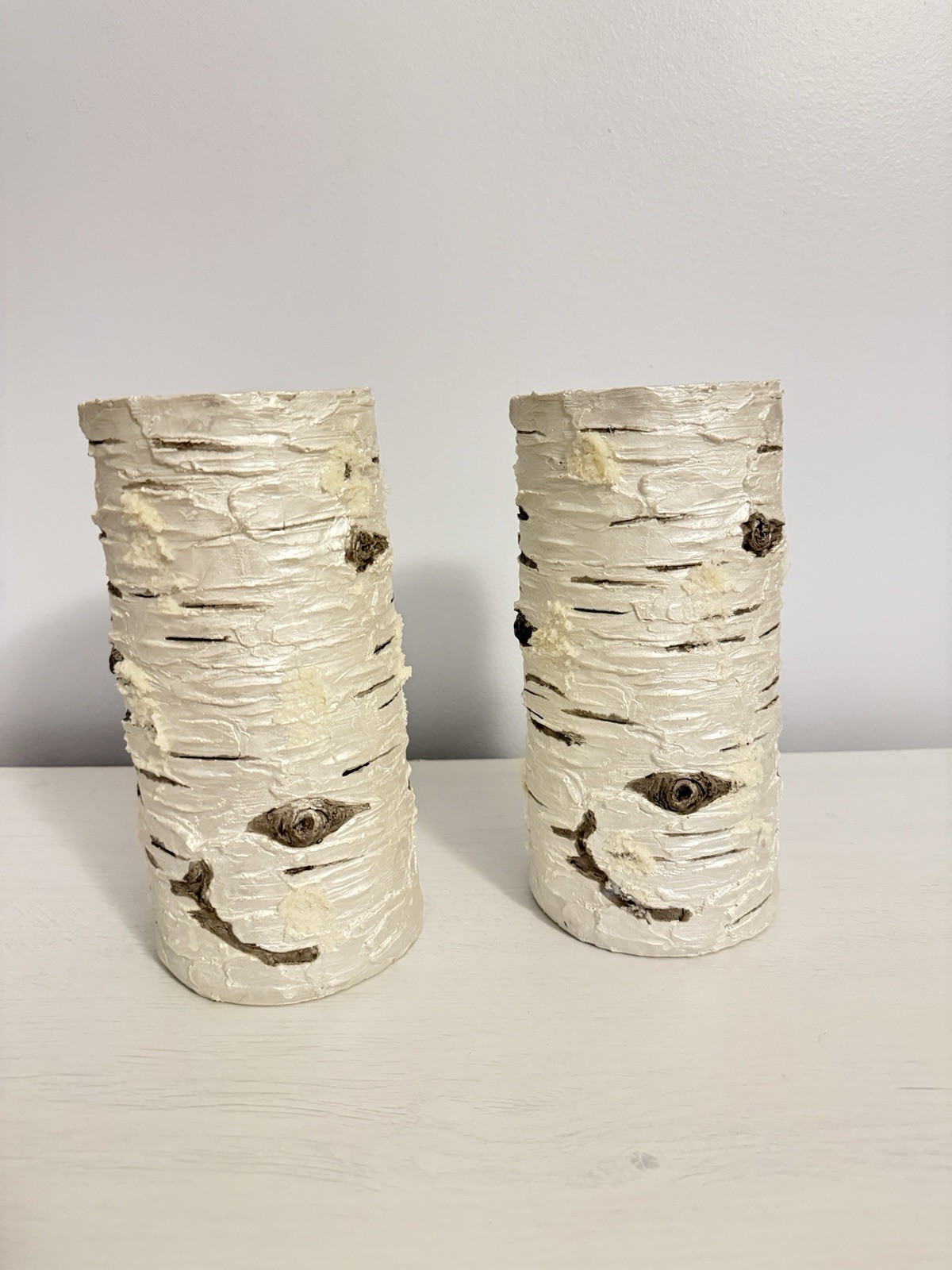 Faux Birch Bark Pillar Candles Set of 2 White Rustic Woodland Decor Farmhouse