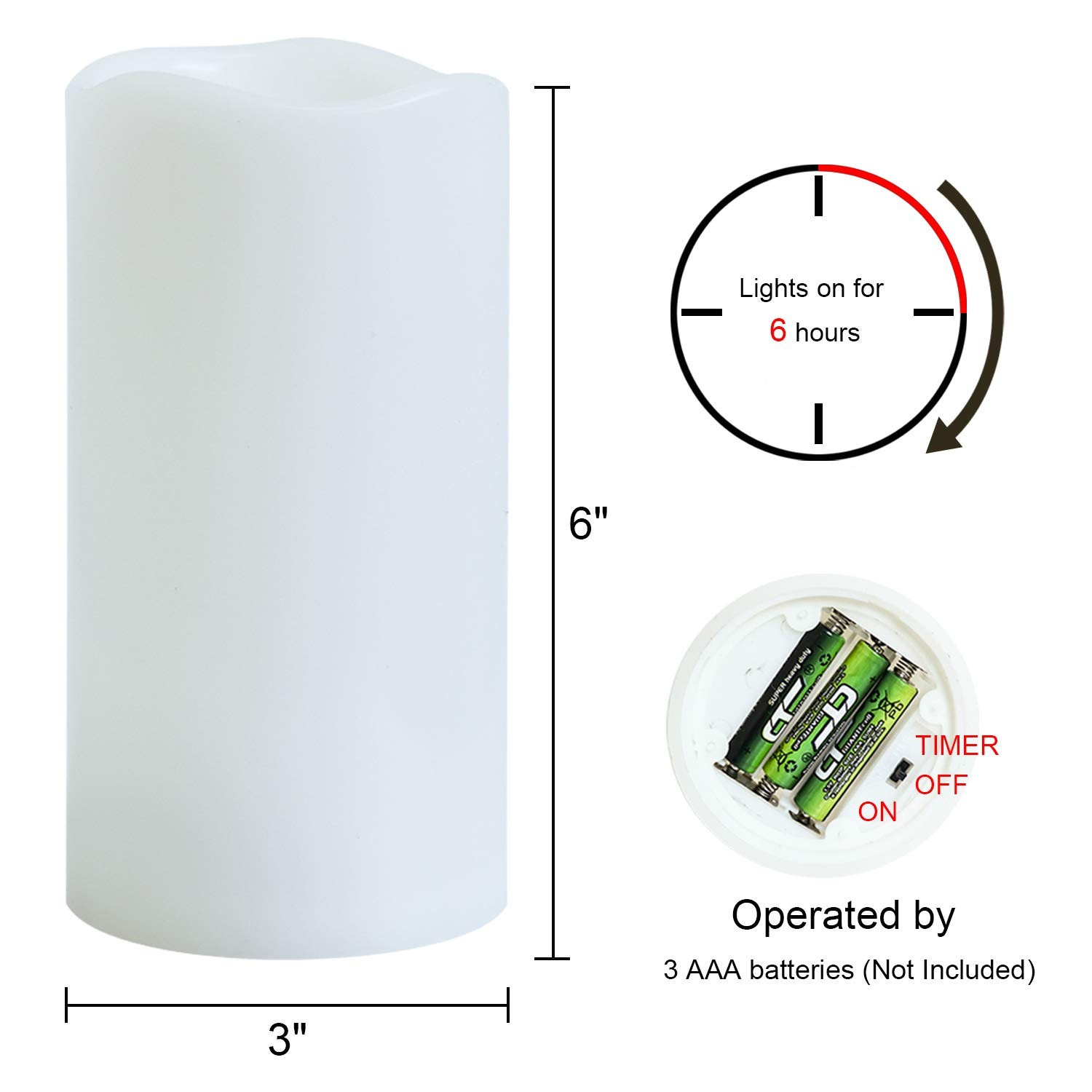 3″ x 6″Outdoor Flameless Flickering Candles with 6 Hour Timer, 3 AAA Batterie…