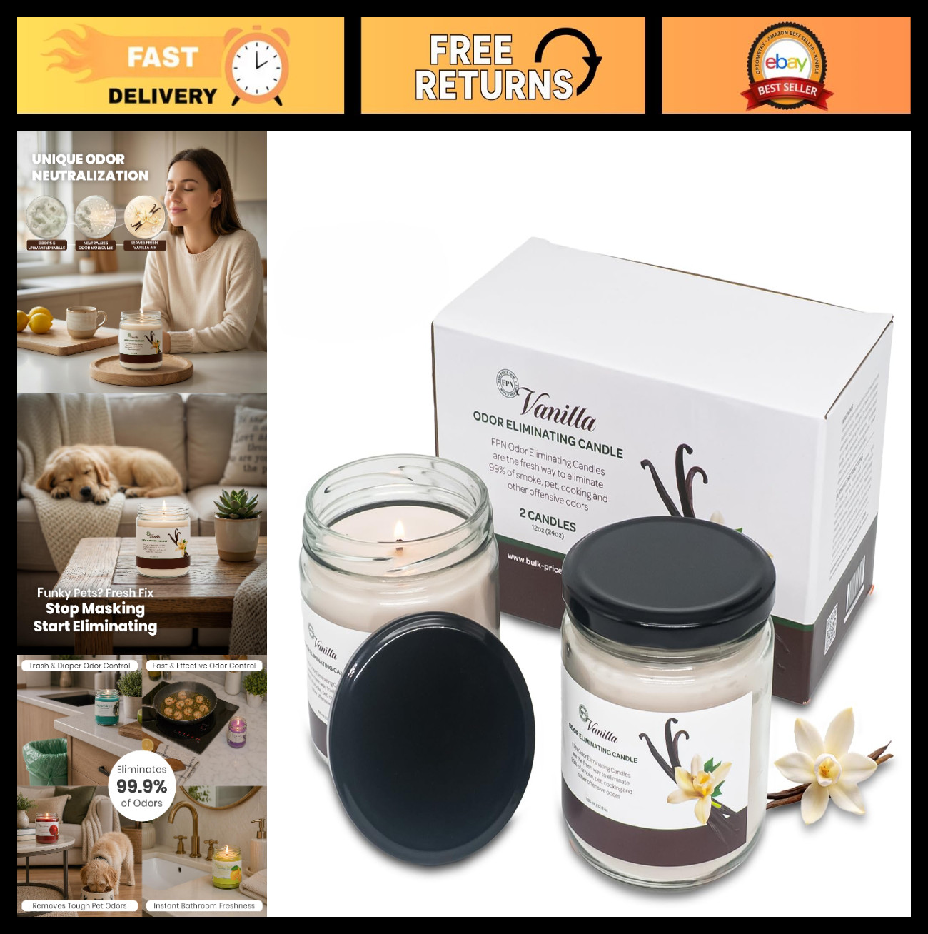 Odor Eliminating Candle Set – 2 Pack 12oz Soy Wax – Neutralizes Pet & Smoke Odor