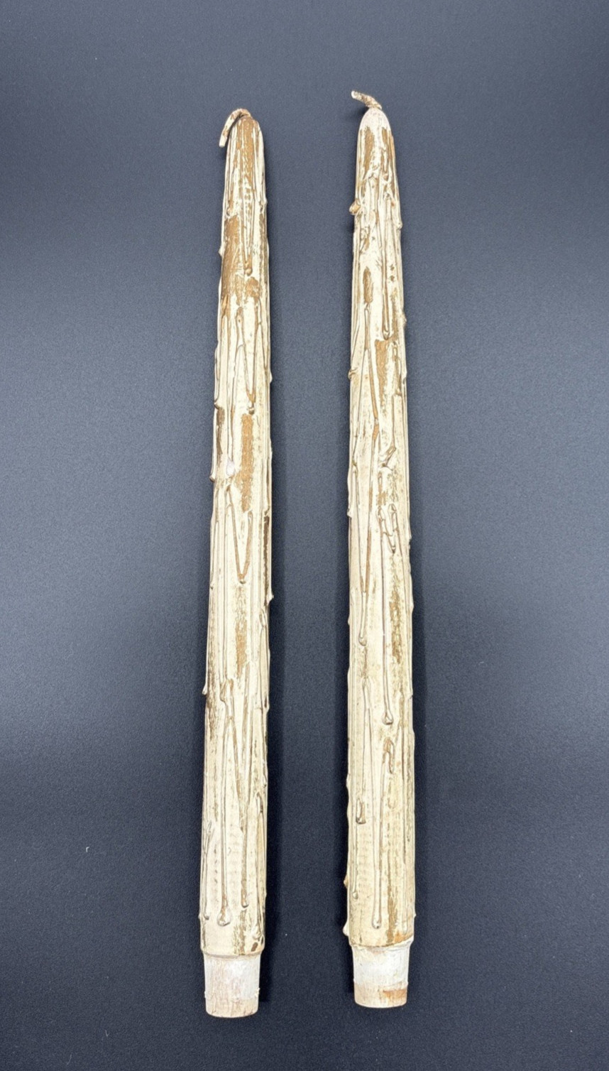 Vintage Pair of Wood Faux Drip Tapered Candles Cream and Gold Mid Century Modern