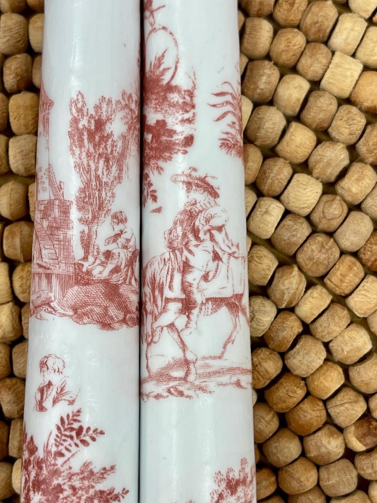 Traditional Reddish Brown Toile Taper Candles Set of Two Battery Operated