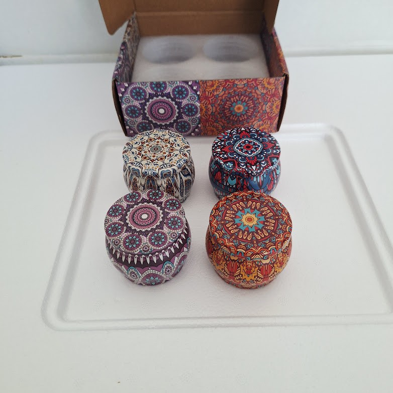 4-Pack Scented Soy Wax Candles in Decorative Mandala Tins Gift Set 4.4oz Each