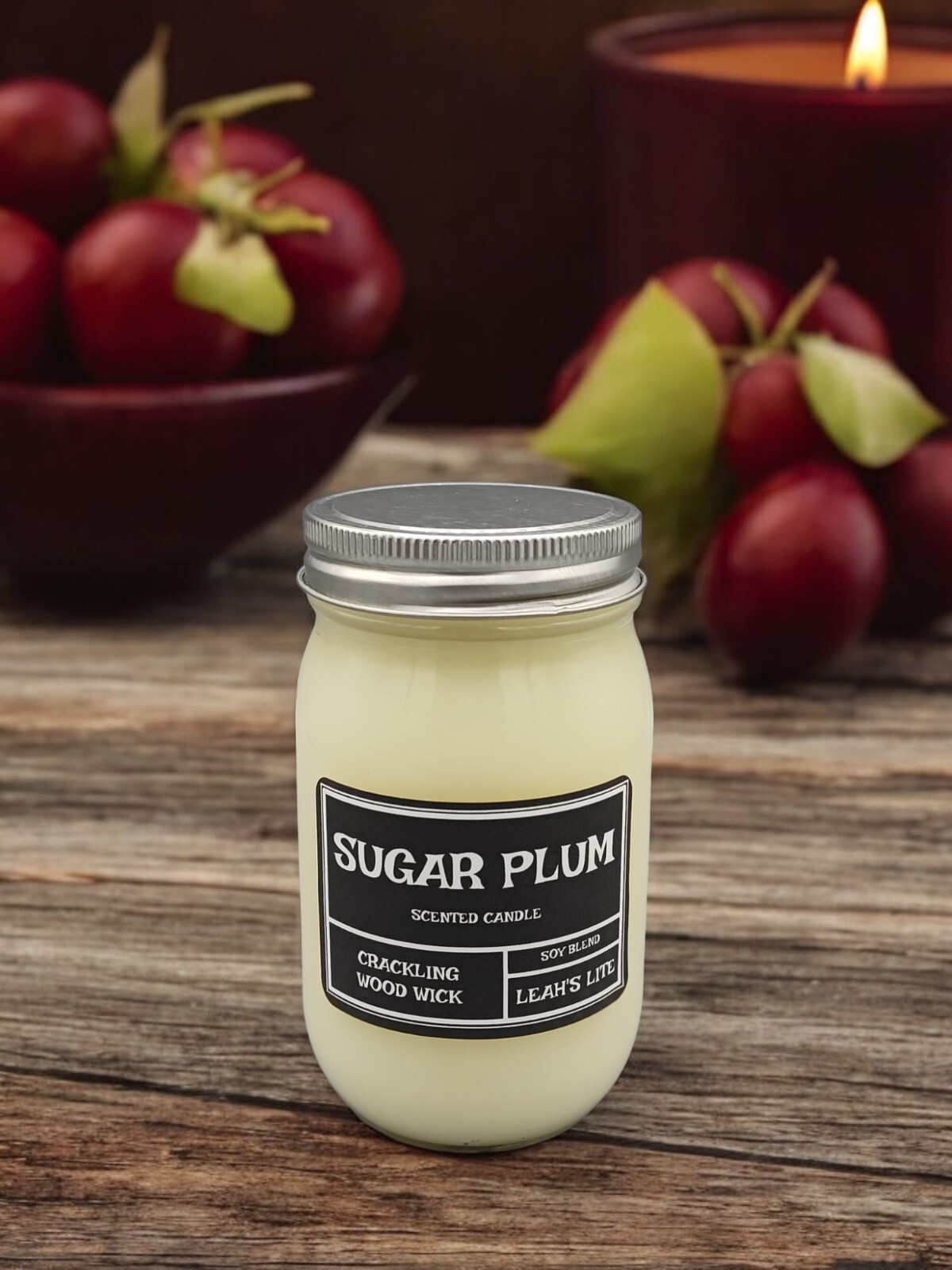 NEW * WOOD WICK * SUGAR PLUM * SCENTED CANDLE * Leah’s Lite Candle * 16 OZ