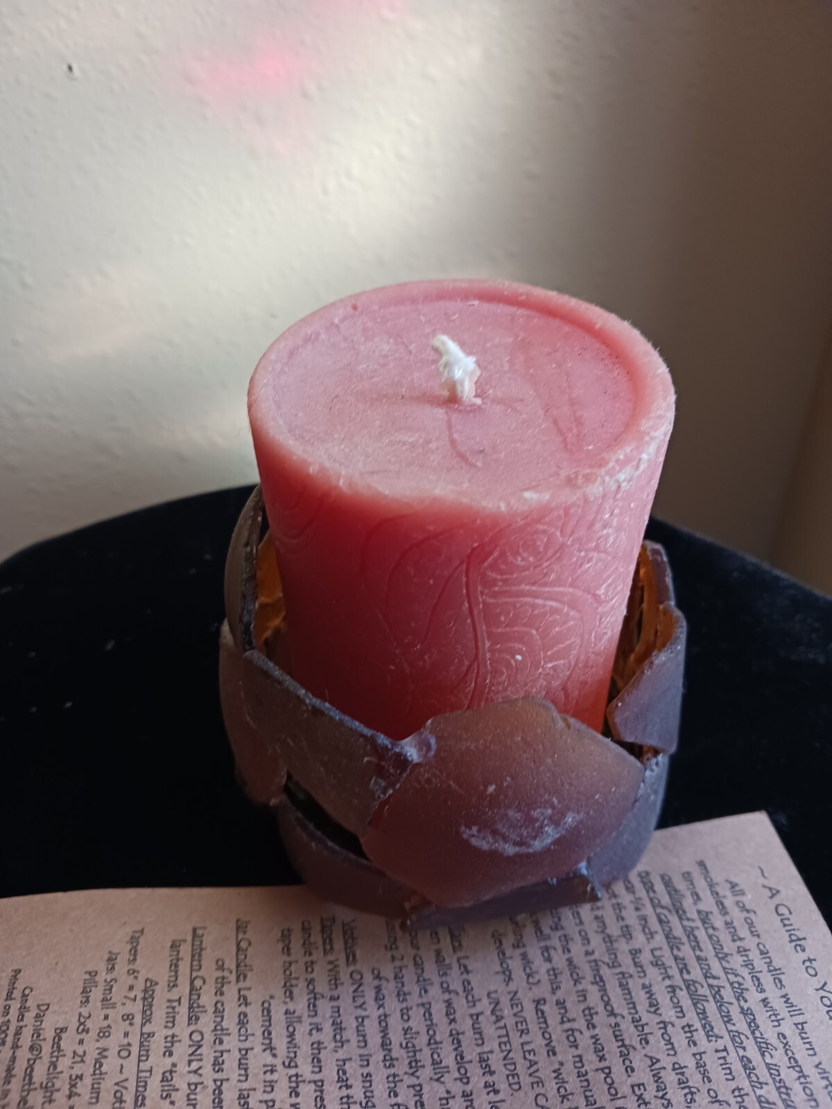 100% Pure Beeswax Pillar Candle, Unscented in SEAGLASS HOLDER Authentic Glass