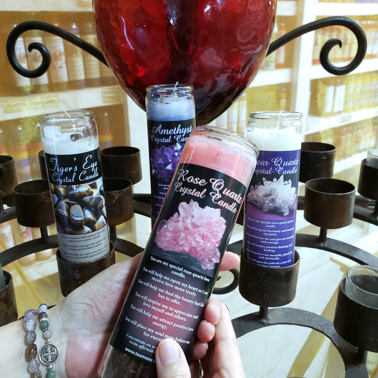 Crystal Healing, Set of 4 Candles ~ Amethyst, Tiger’s Eye, Rose & Clear Quartz