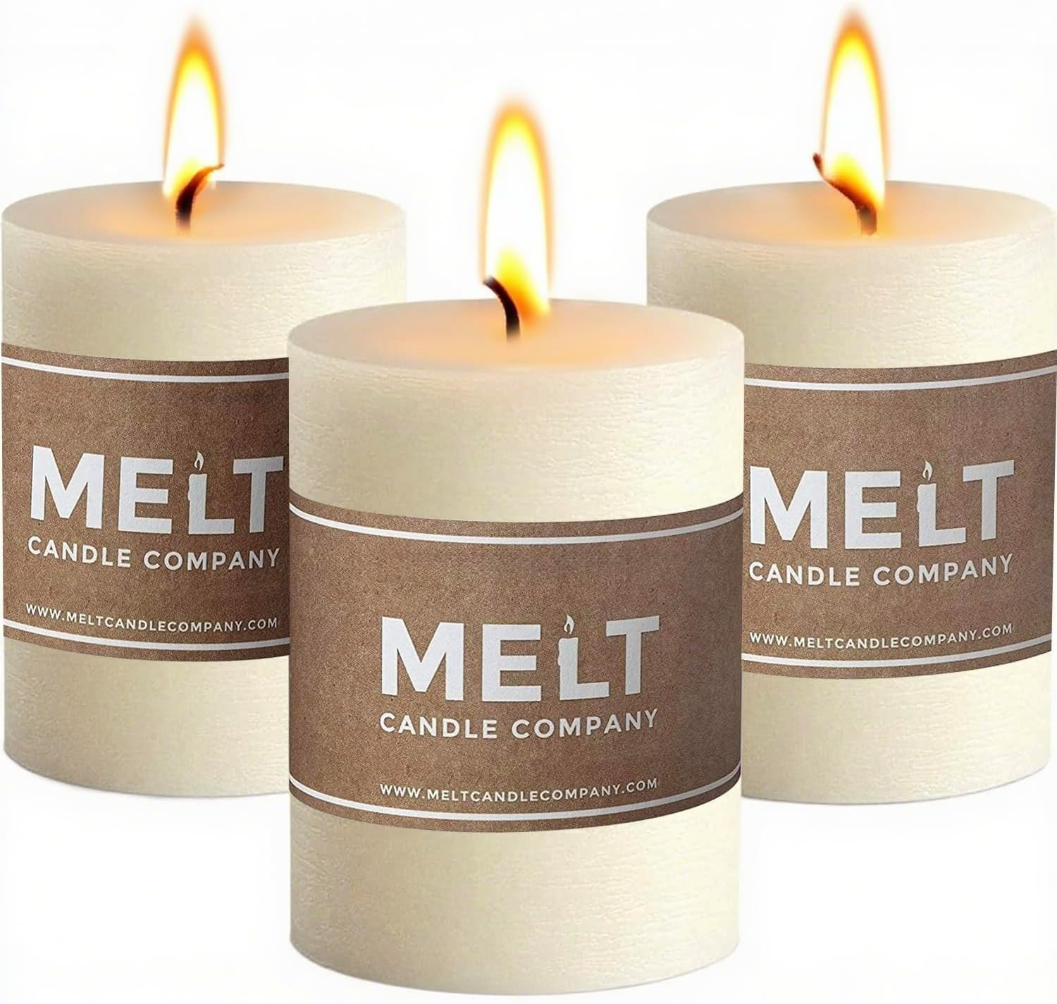 Melt Candle Ivory Pillar Candles, Unscented, 3 Pack, 3 X 4 Inch | up to 55-Hour