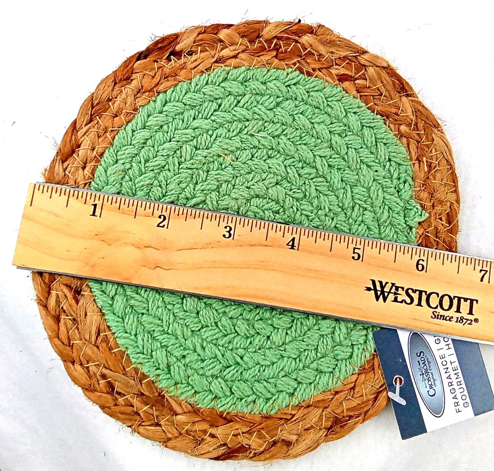 Jute Candle Mat Pad Green Cotton Fabric Crossroads Round India Tan Stitched 6.5″