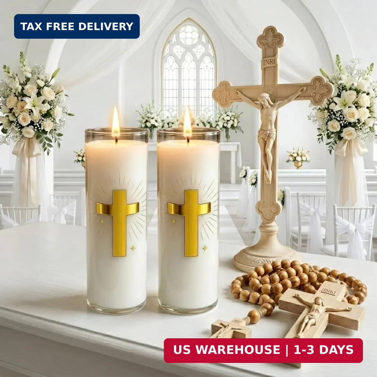 White Beeswax Candle – 2 Pack, 160-Hour, Blessed for Church, Wedding, Prayer & H
