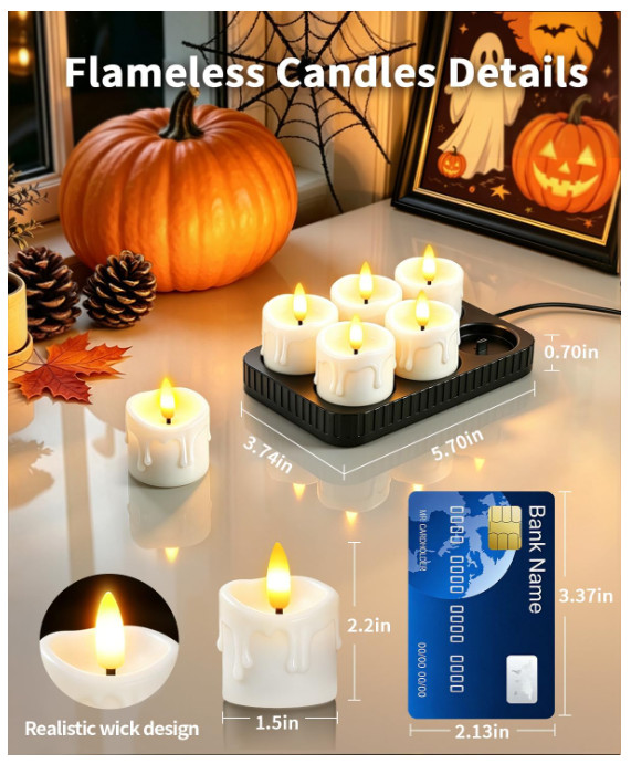 6 Pcs Rechargeable Tea Lights Candles with Charging Base and Remote Timer | 1.5″