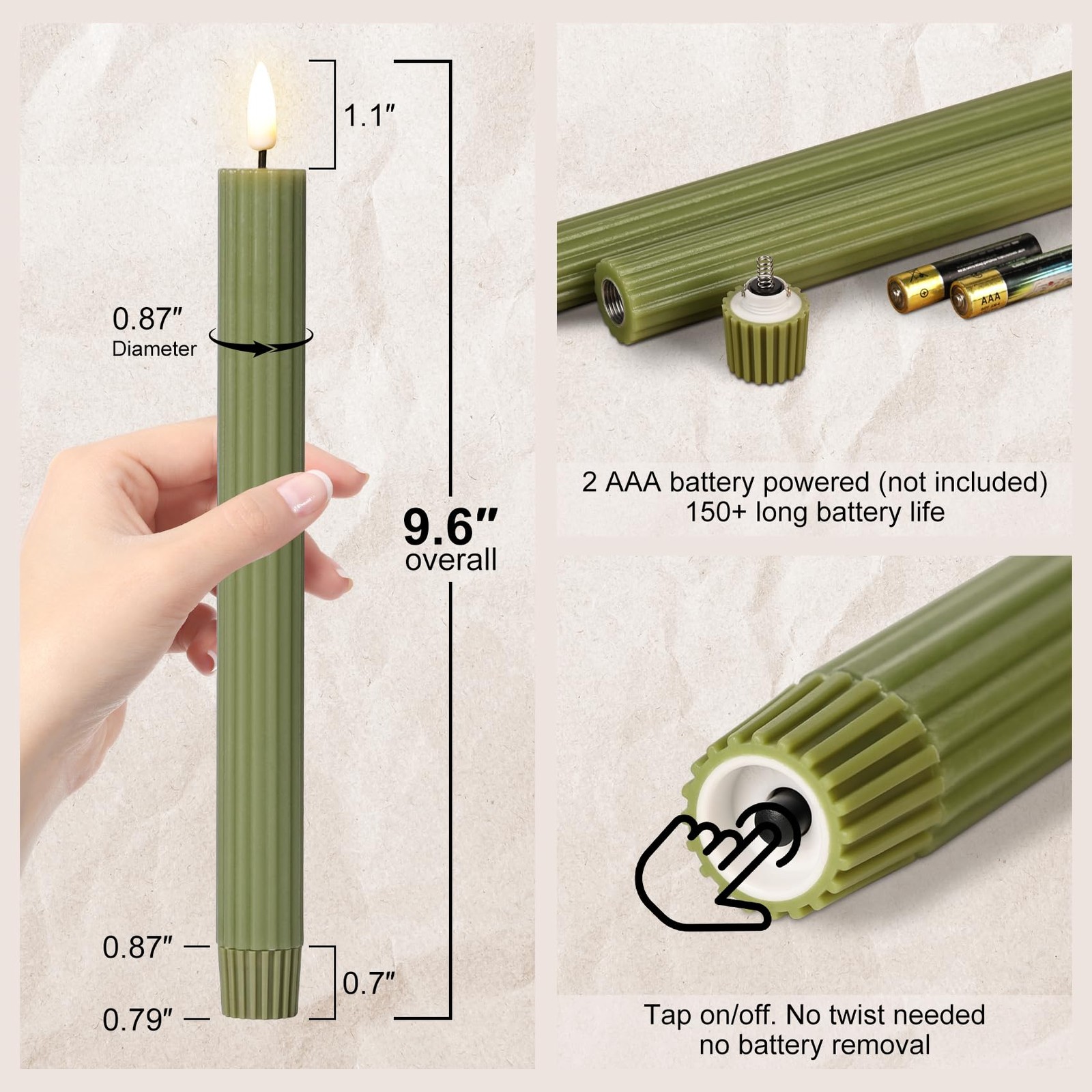 4 PCS Olive Green Ribbed Flameless Taper Candles Remote Flickering Wax