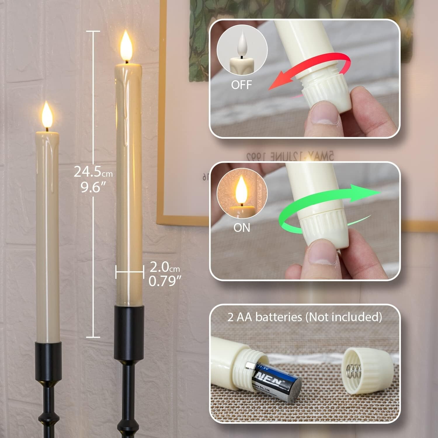 Battery Powered Flickering Flameless Taper LED Candles Light Remote Control