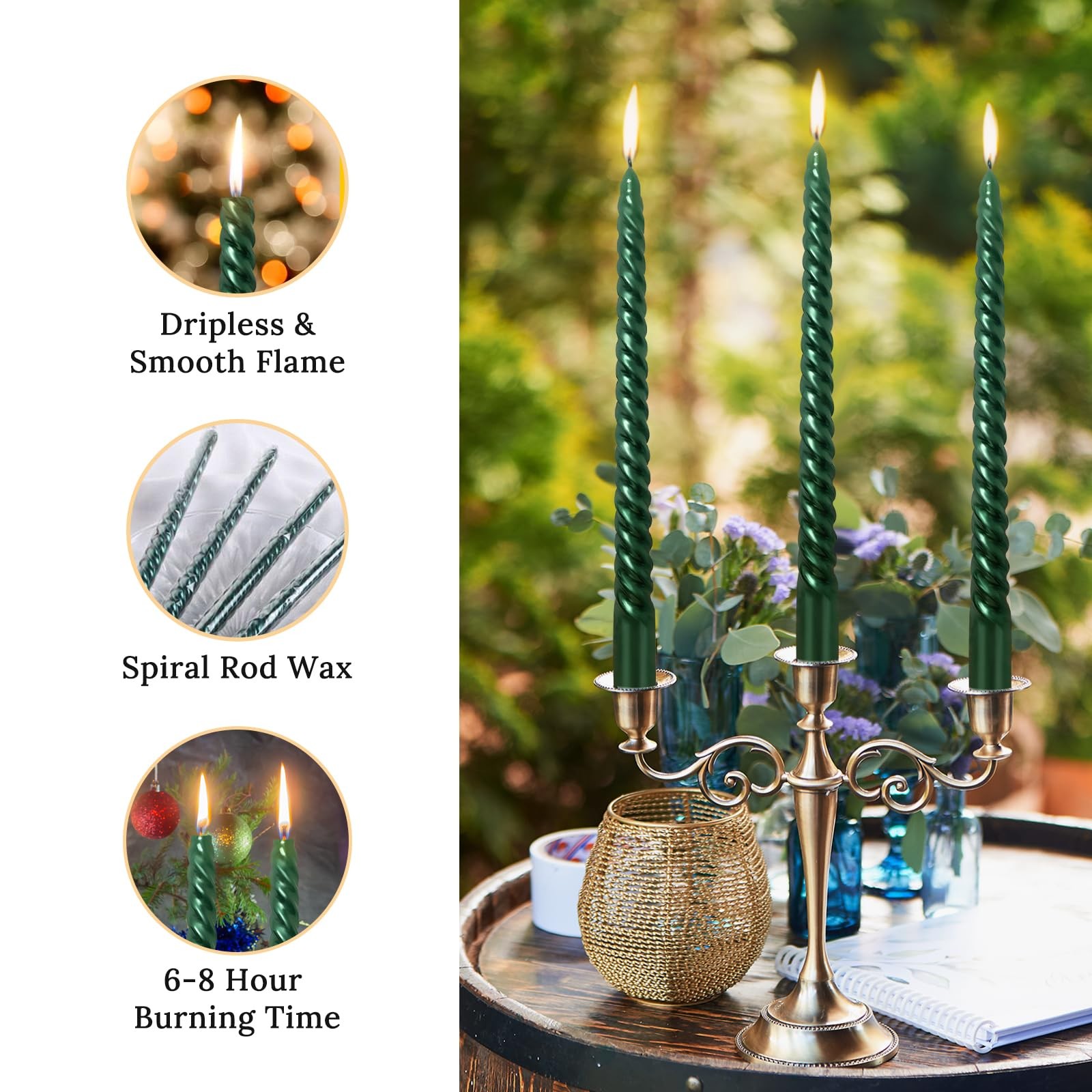 10 Inch Green Spiral Taper Candles Set for Christmas and Spring, Unscented Dripe