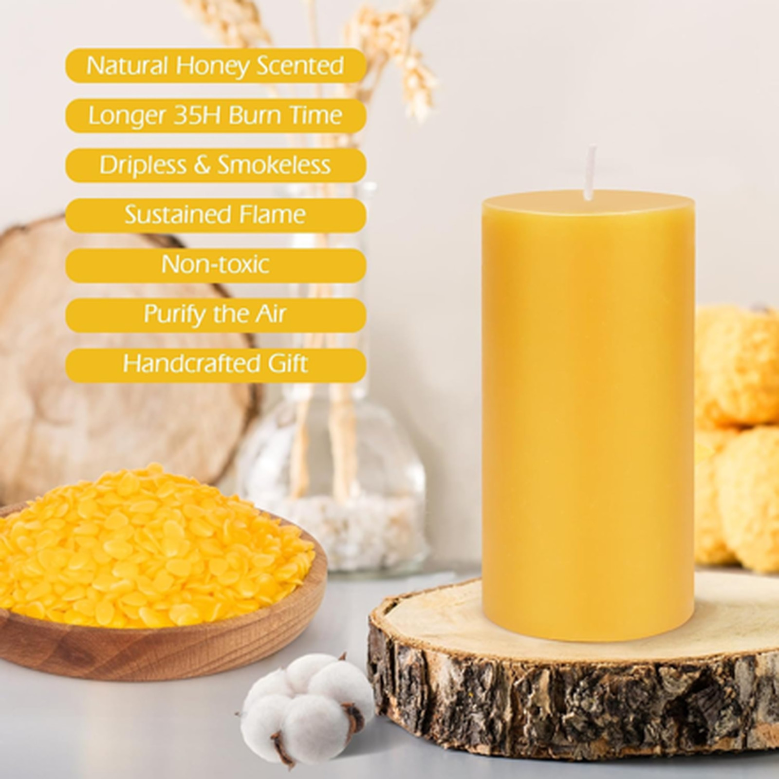 Natural Beeswax Pillar Candles,4 Pack, 3″ x 4″ Pure Beeswax Candles,Large Candle