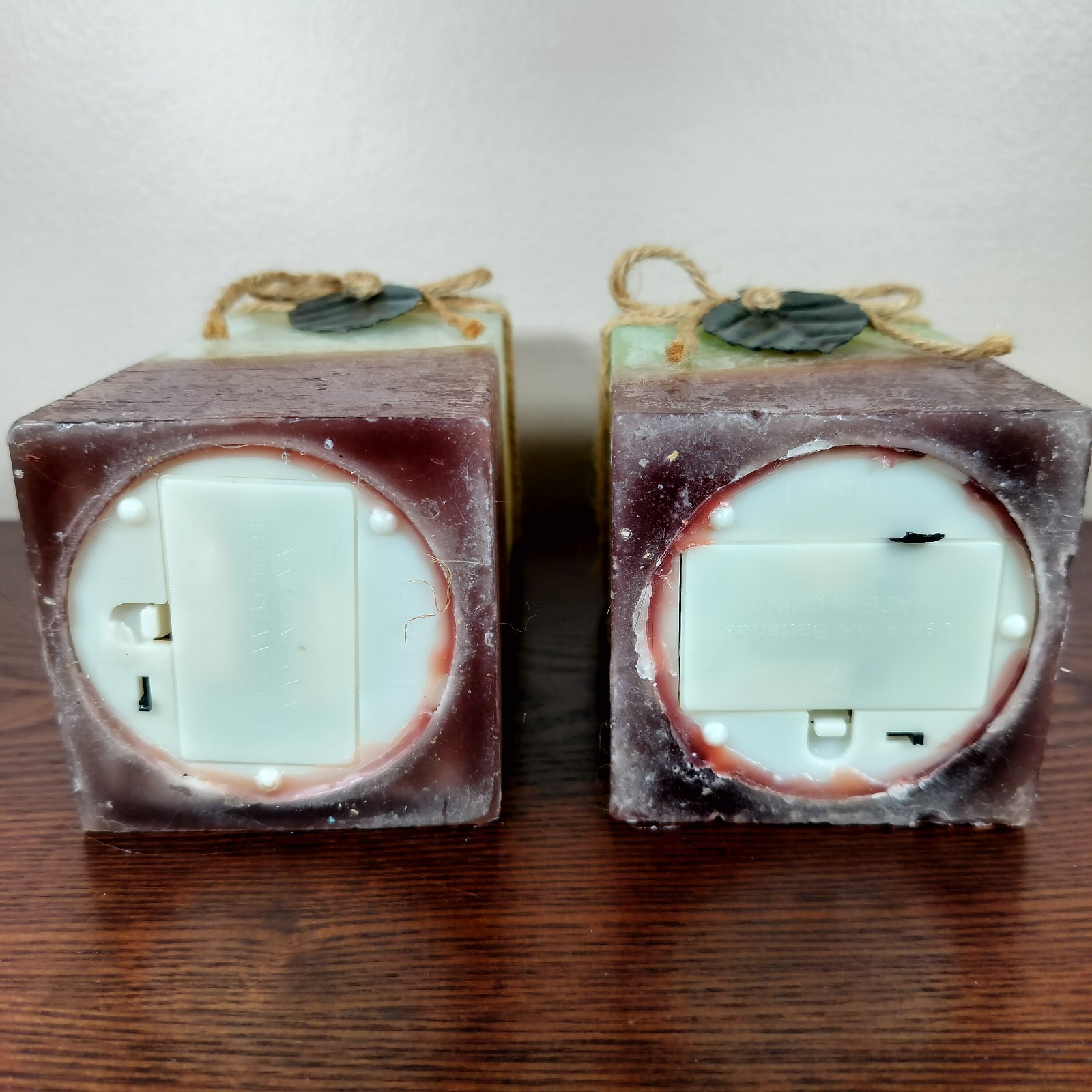 Flameless Candle Set of 2 Leaf Accent 7.5in & 6in Brown Green Cream Battery