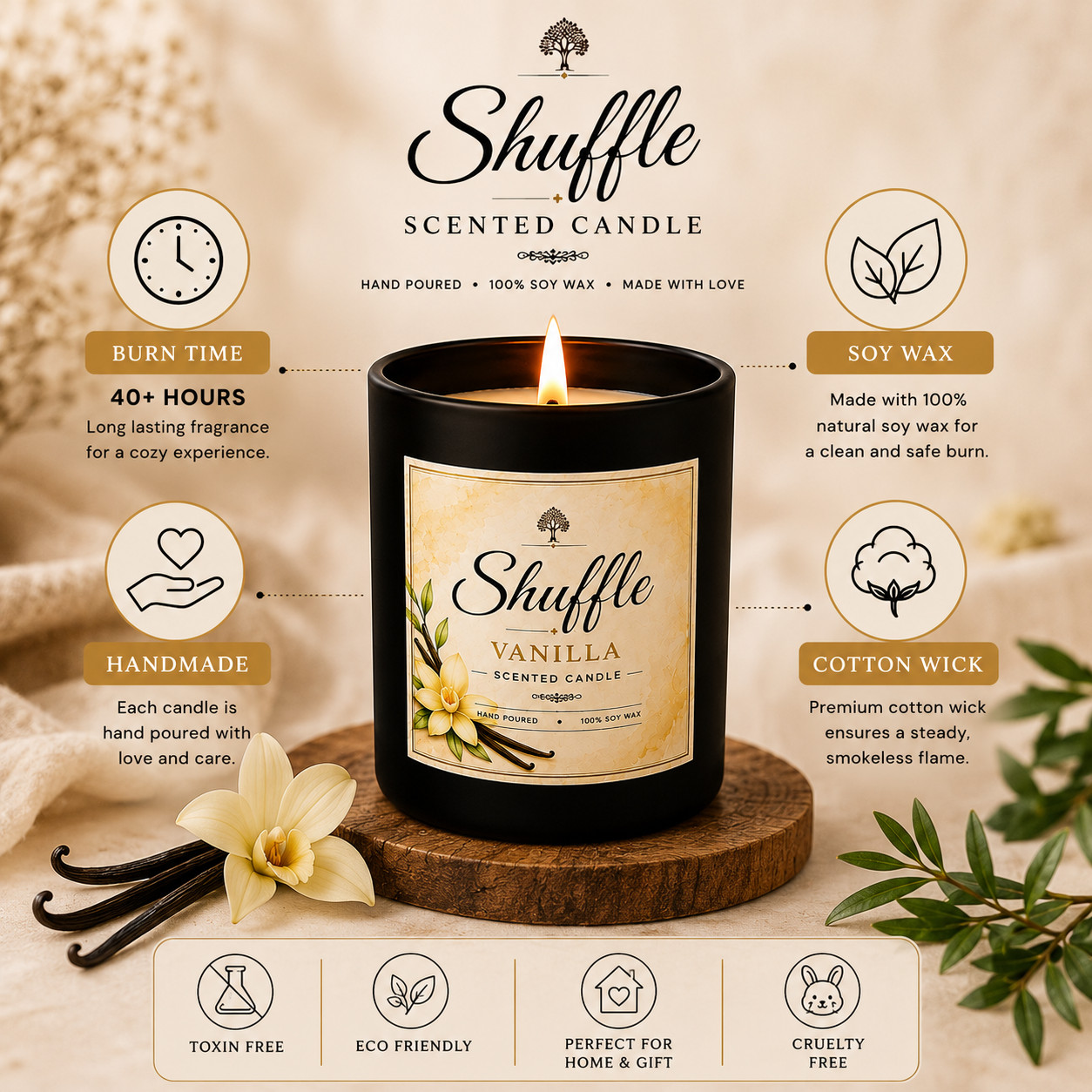 Luxury 450g Vanilla Scented Soy Wax Candle | 40-45 Hrs Burn Time | Aromatherapy