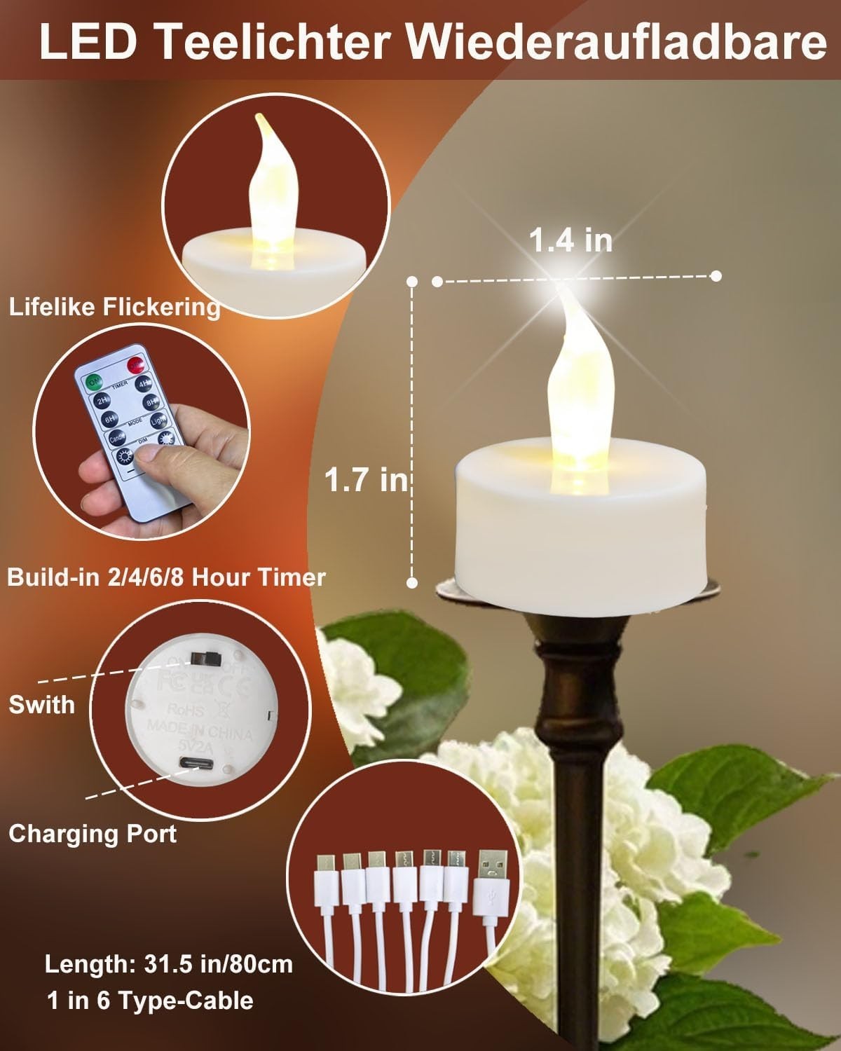 Rechargeable Candles Tea Lights with Remote Timer,Battery Operated Flameless LED