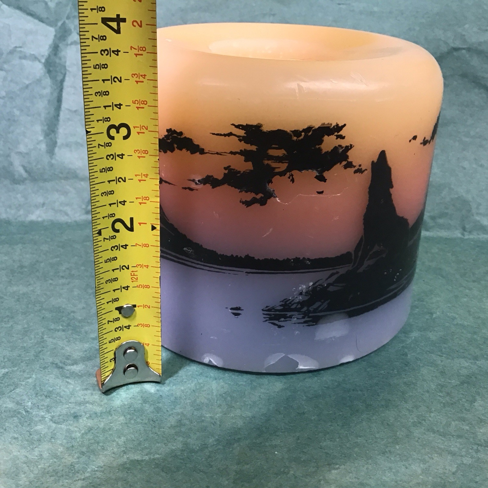 Vintage 90s EARTHSCAPE Wolf GLOWING CANDLE Northwest Mountain Forest Scene 1997