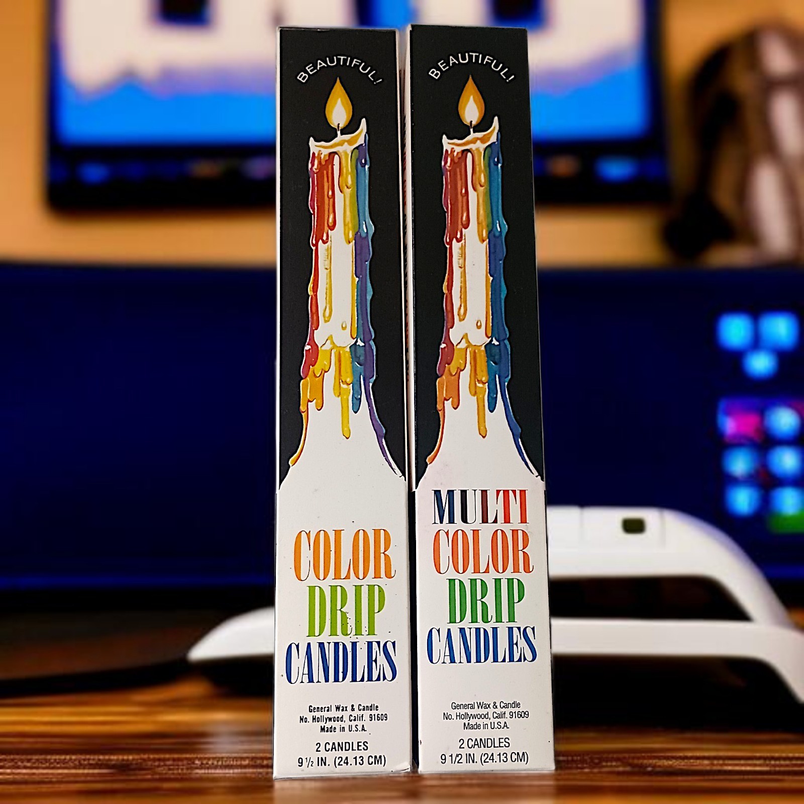 4 Vtg Color Drip Candles Wine Bottle Decor Multicolor NEW 2 In Each Box 70s 9.5″