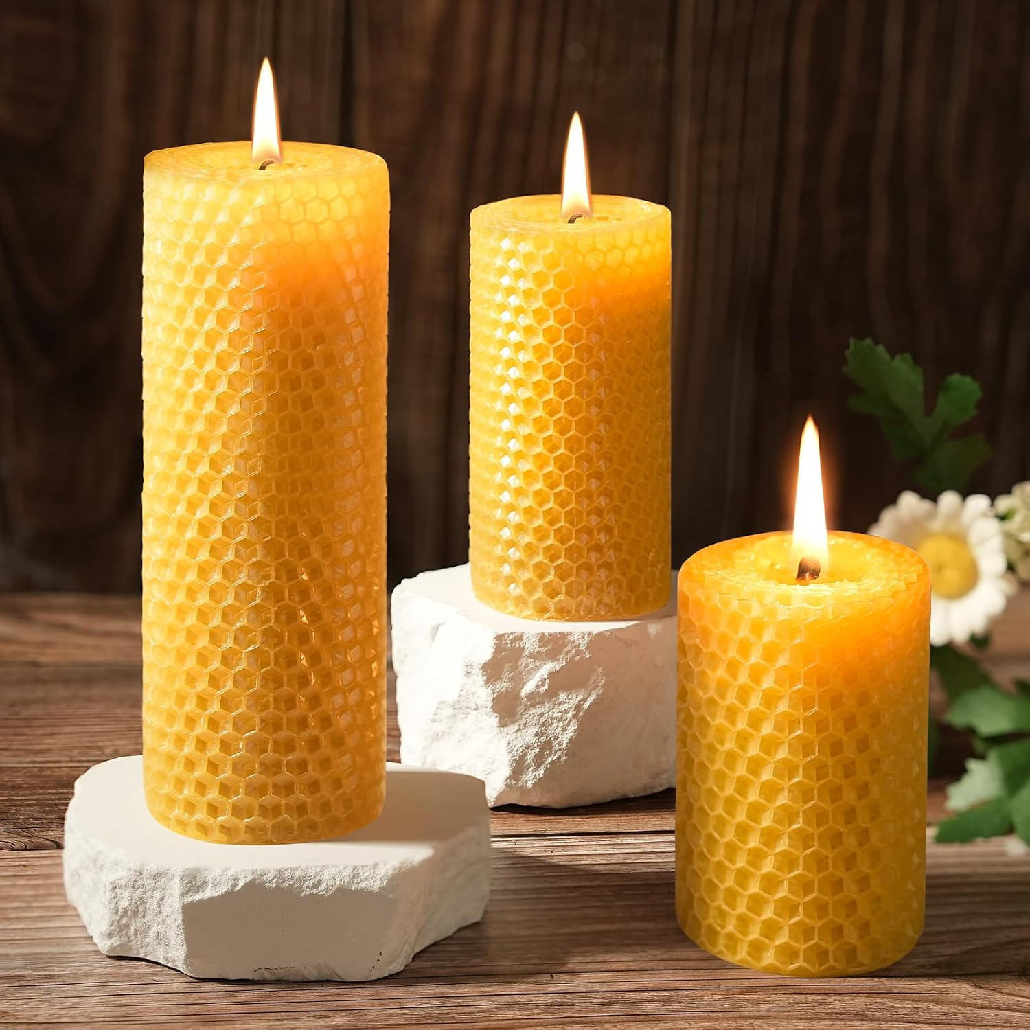 Beeswax Pillar Candles,Hand Rolled Honeycomb Design, 3 Sizes | Pure Natural
