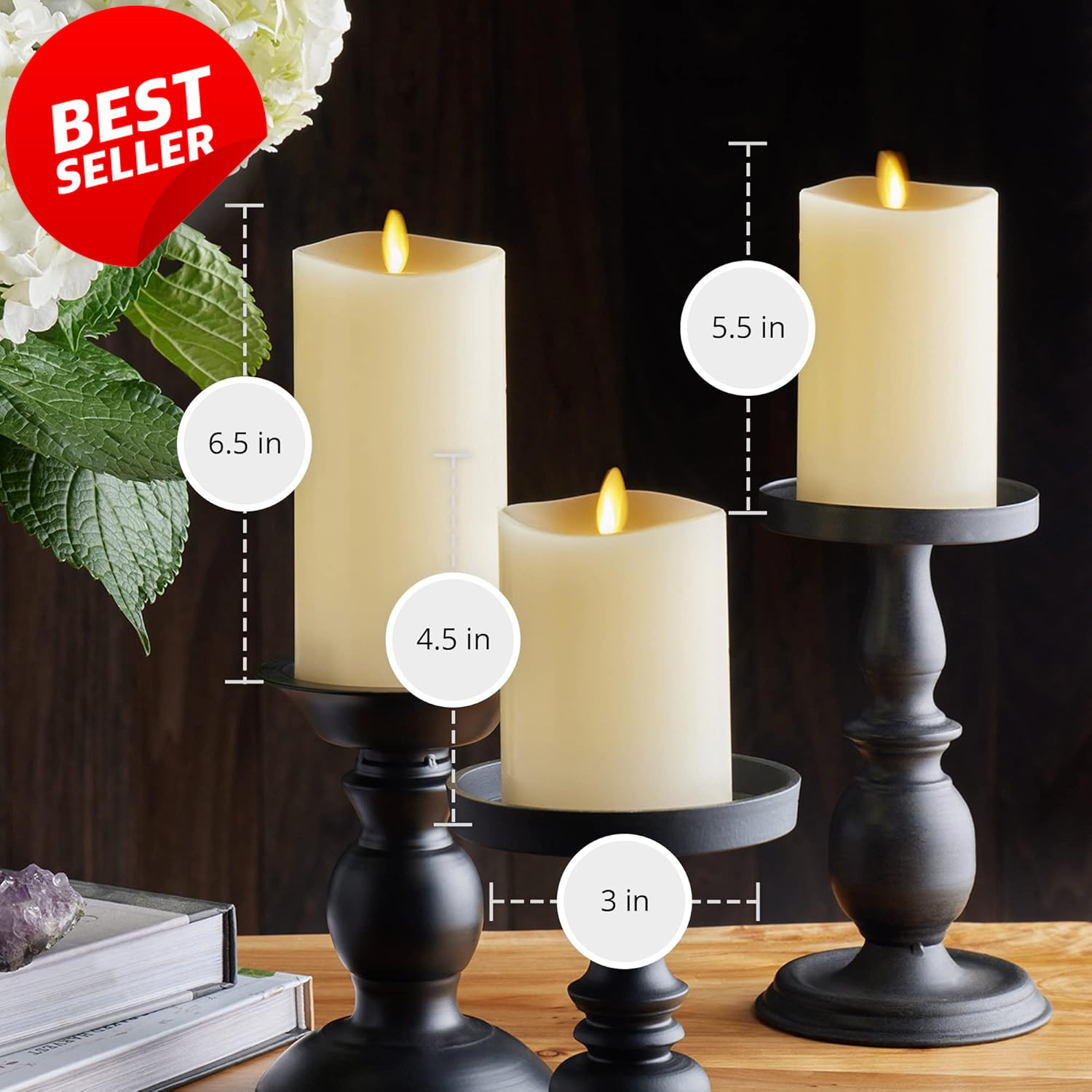 Flameless LED Pillar Candles Set of 3 Ivory Moving Flame Remote Timer – US