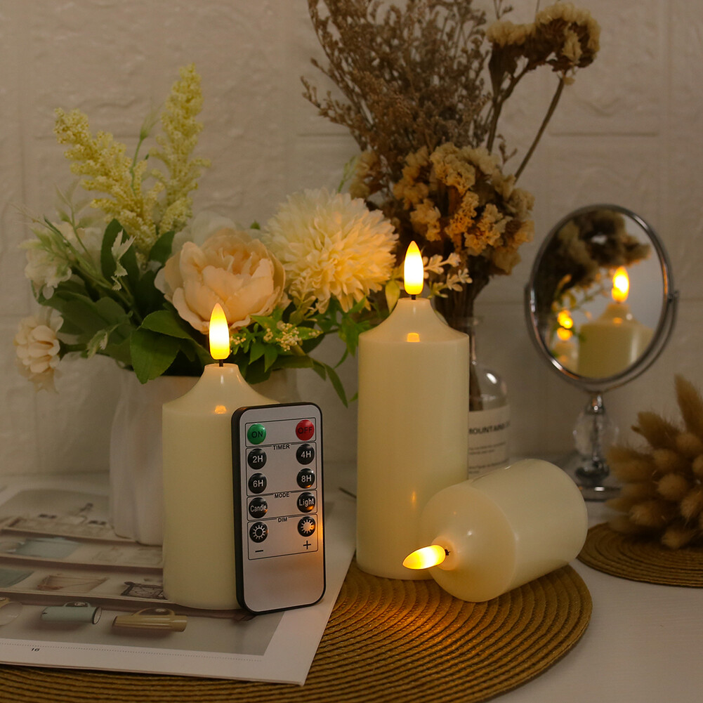 Set of 3 Flickering Flameless LED Candles with Timer Remote Battery Operated