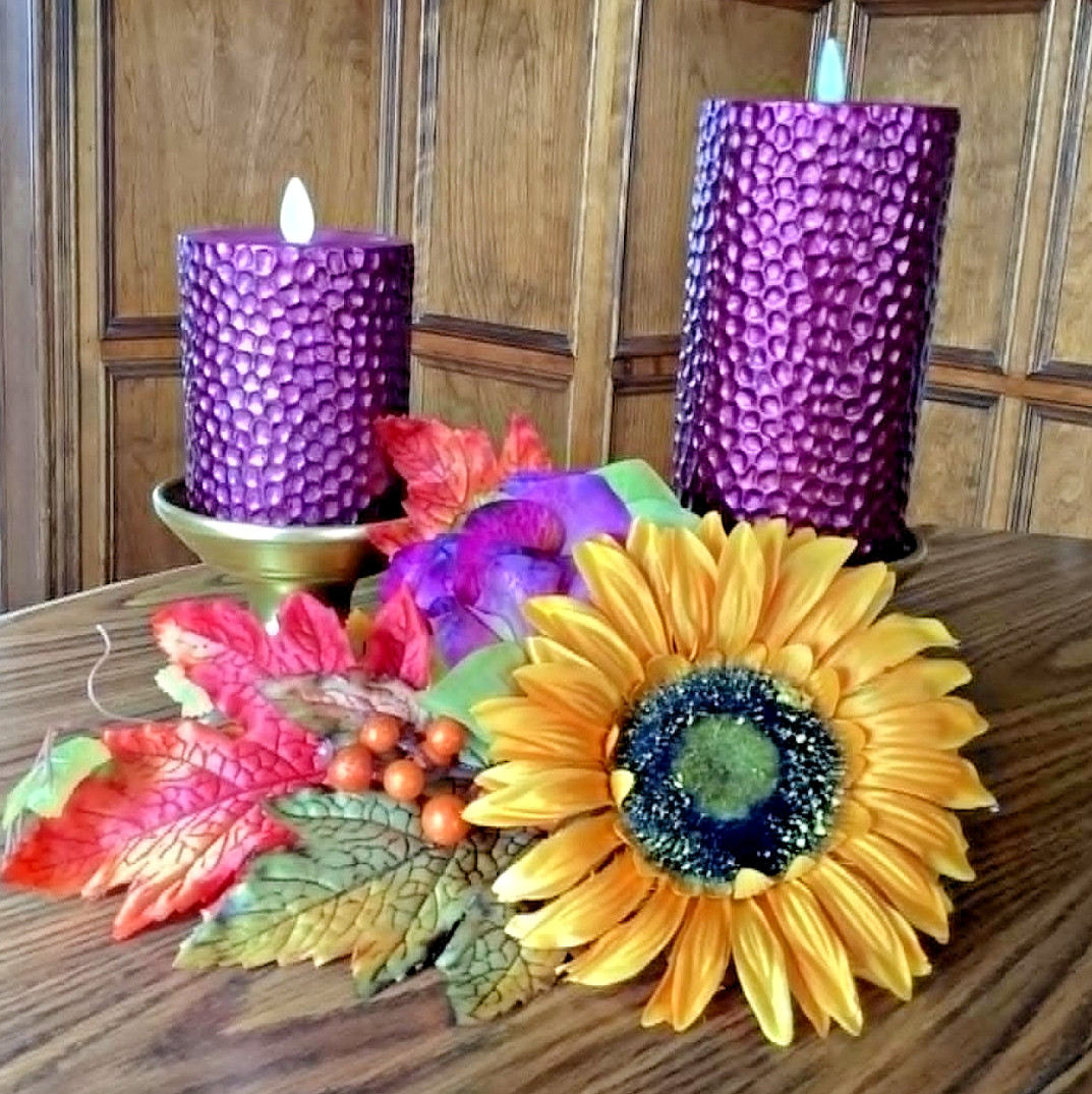 Luminara S/2 Flameless 4″& 6″ Metallic Hammered Pillar Set In PLUM – FREE SHIP