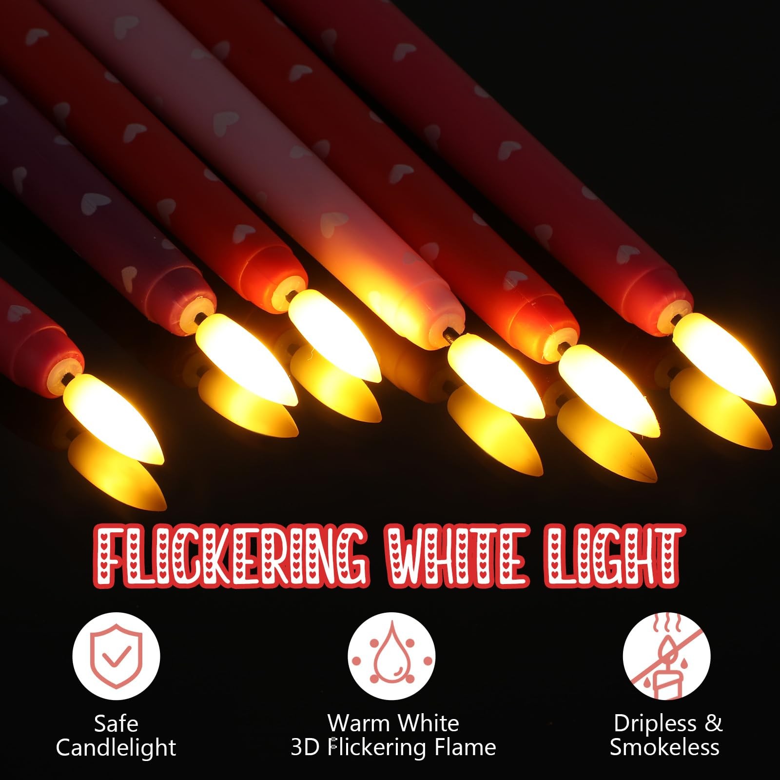 10.8 Inch Multi Color Flameless Taper Candles Heart Flickering LED 8 PCS