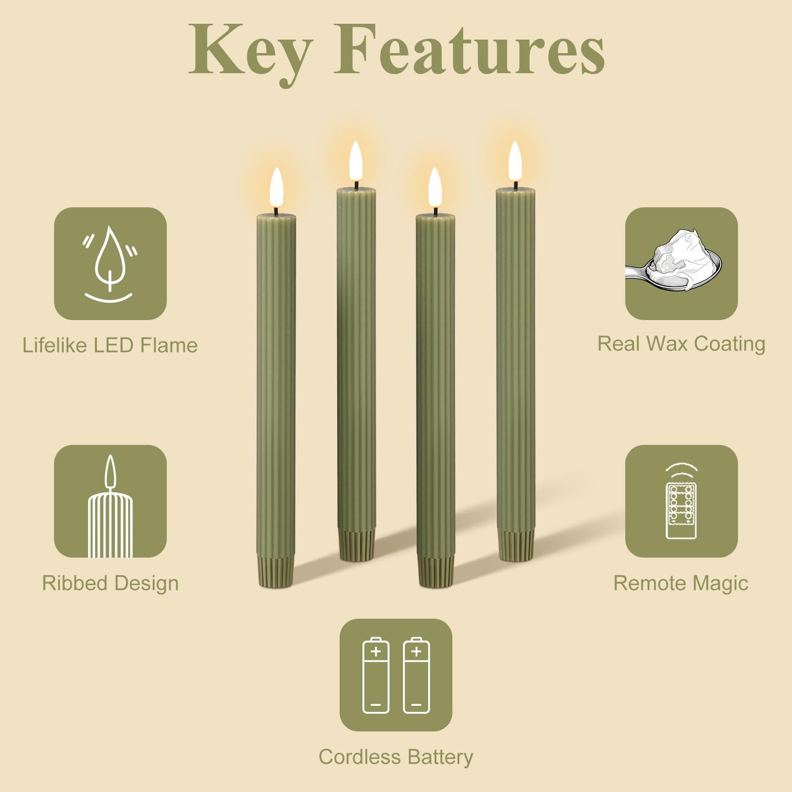 4 PCS Olive Green Ribbed Flameless Taper Candles Remote Flickering Wax