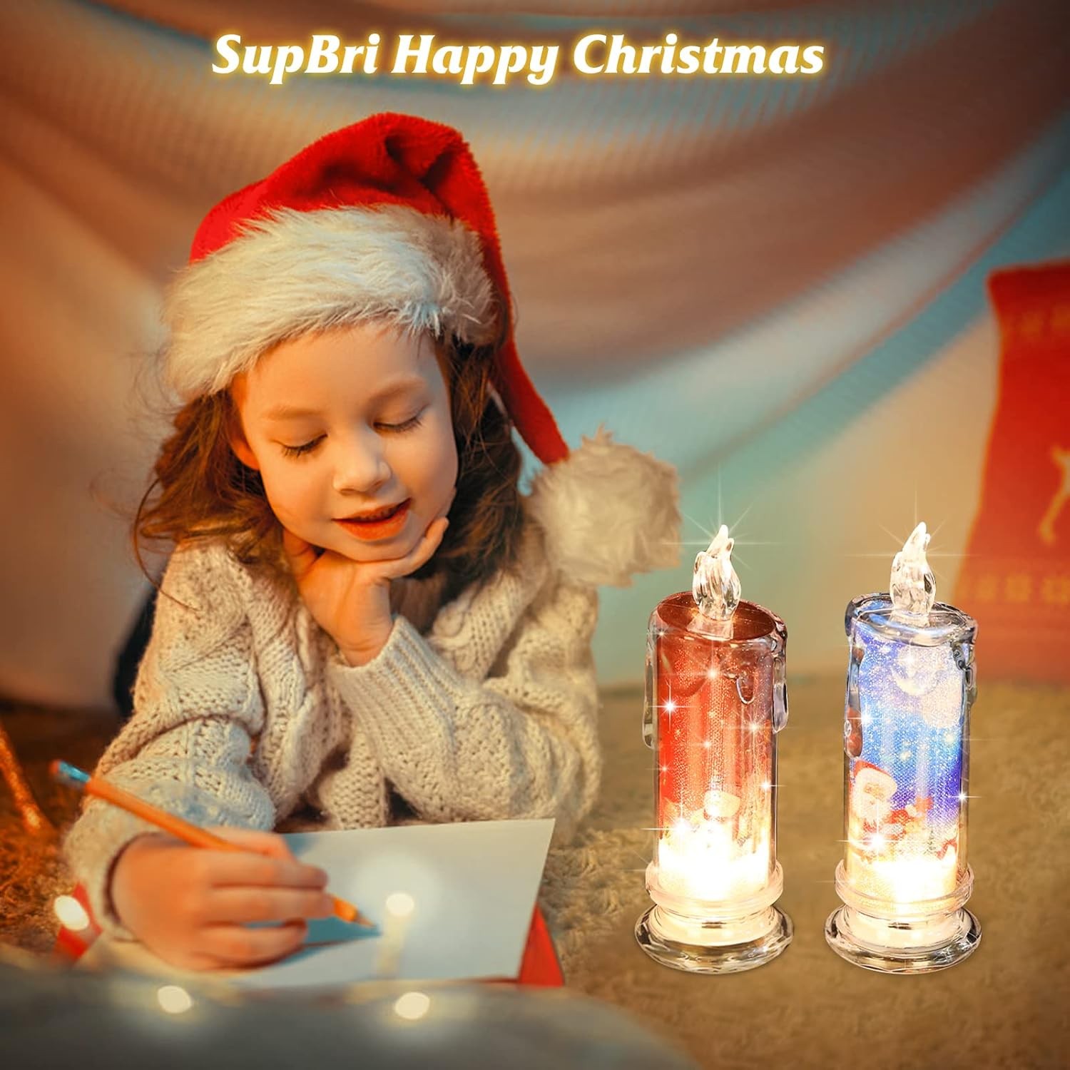 Flameless LED Candles Set of 4 with Santa Claus, Snowman Decals – Battery Ope…