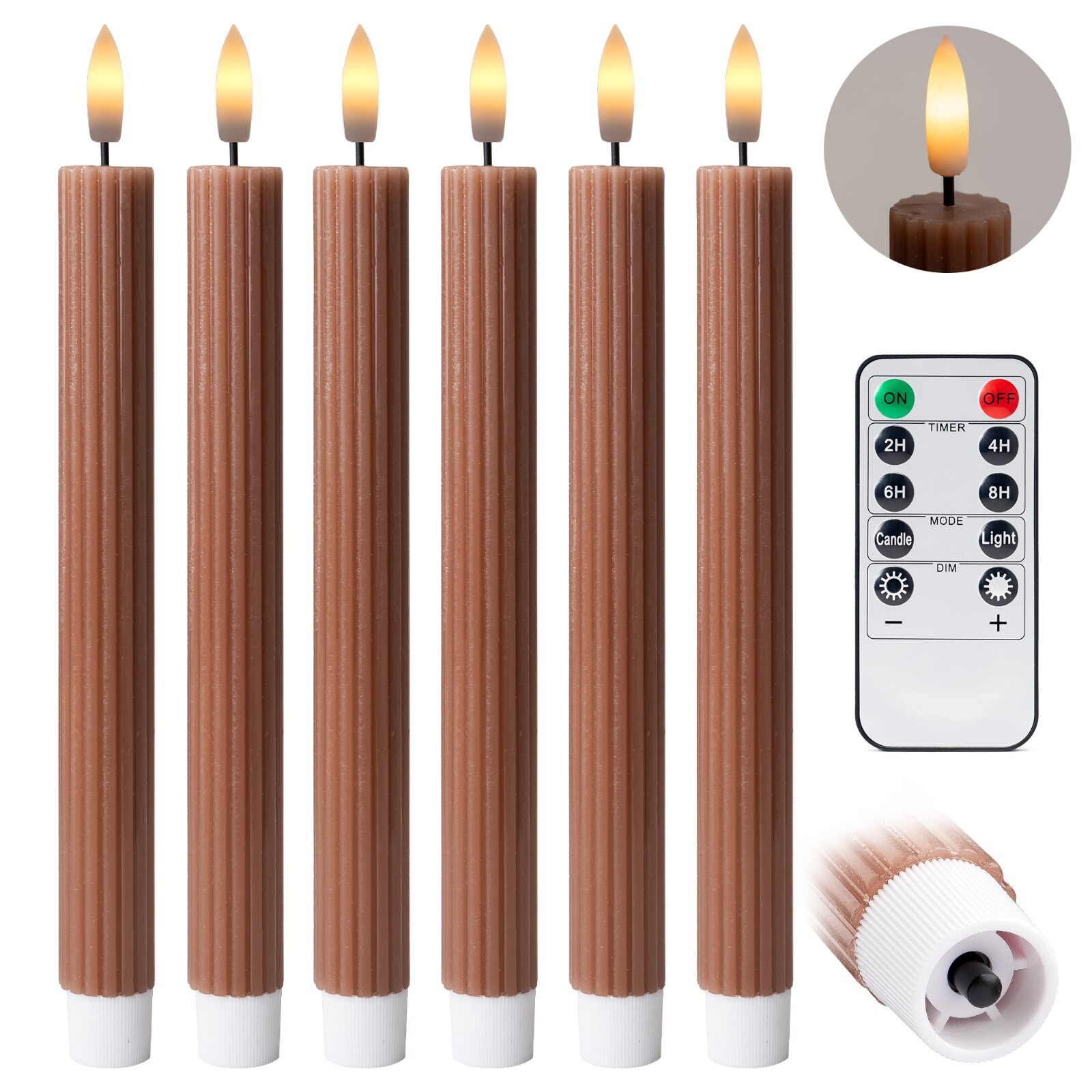 10″ Fluted Ribbed LED Brown Tan Grooved Pillar Candles Remote & 24h Timer Memory