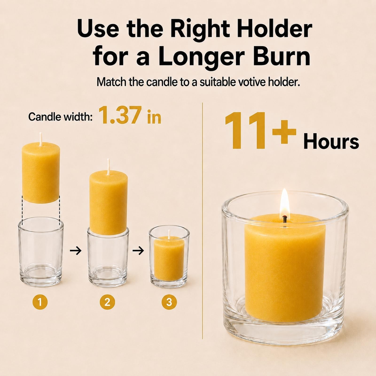Bulk Beeswax Votive Candles 24 Pack | 8+ Hour Burn, Non-Toxic, Unscented, Lead-F