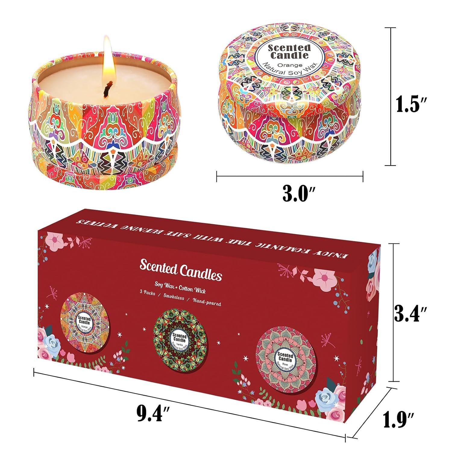 Scented Soy Wax Candles Gift Set, Orange, Rose, Vanilla, Long Lasting Home