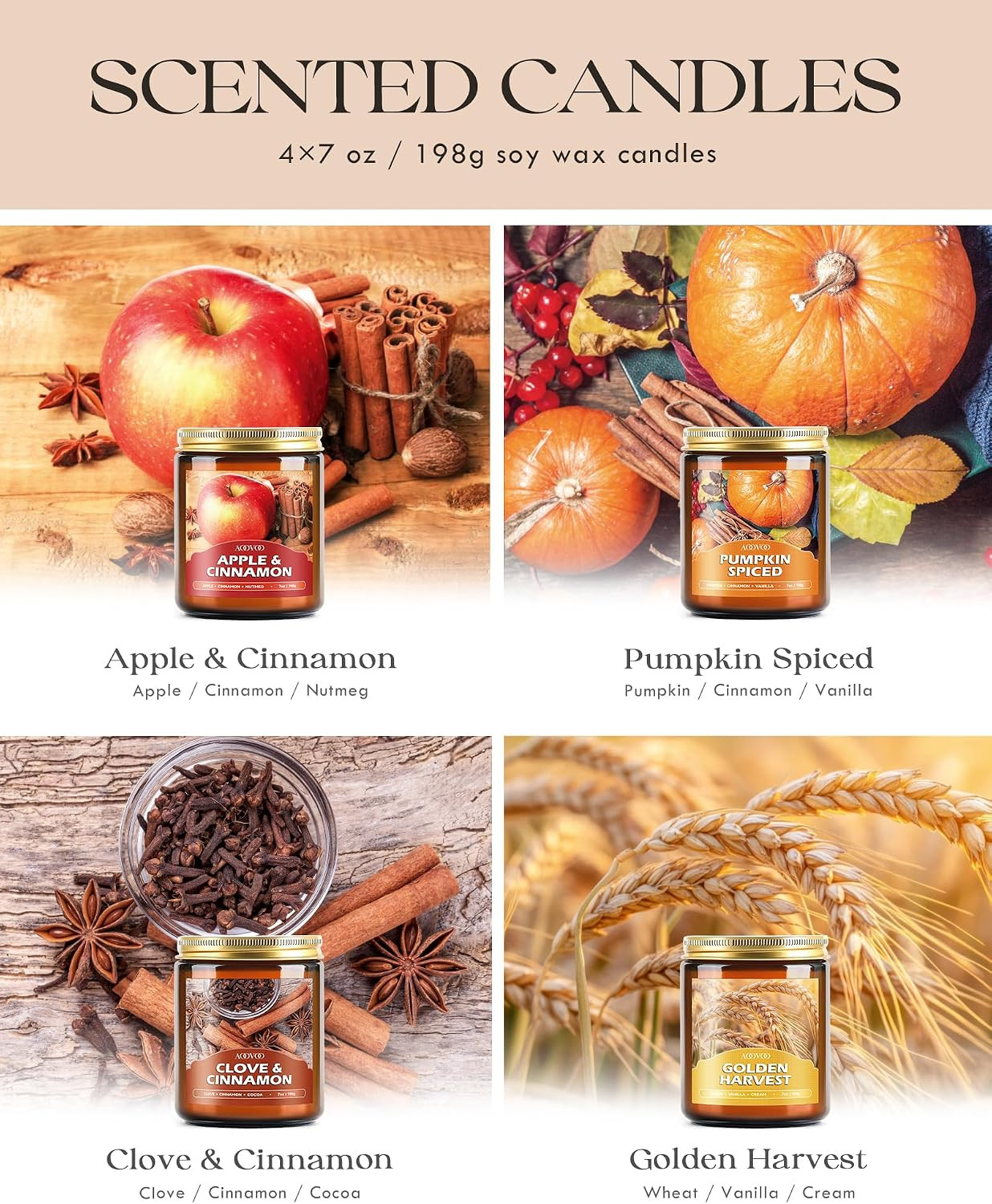 Fall Candles Set – 4 Pack Candles for Home Scented, 28 Oz Natural Soy Wax 200 Ho