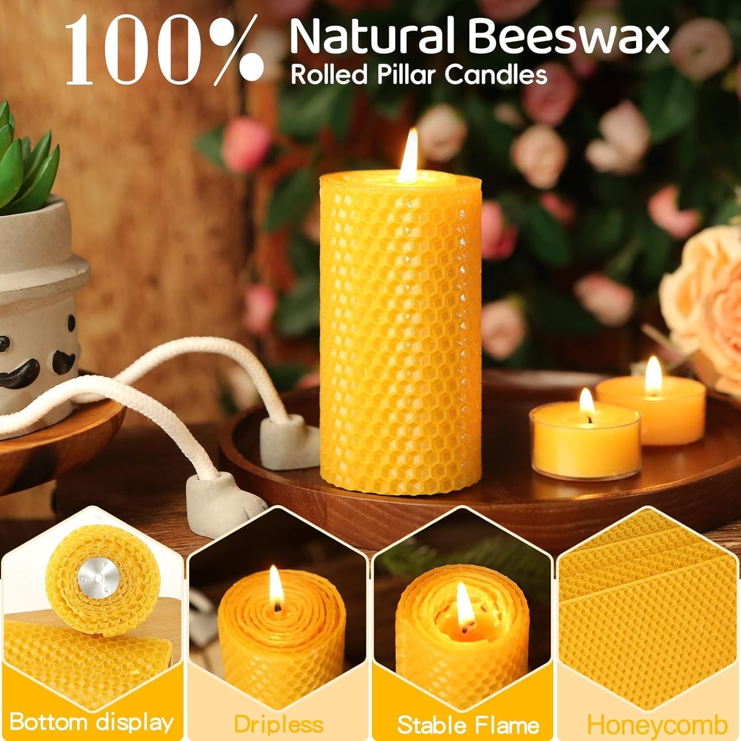 Beeswax Pillar Candles 3 Pack Long Burn Unscented Dripless Organic 2x4in