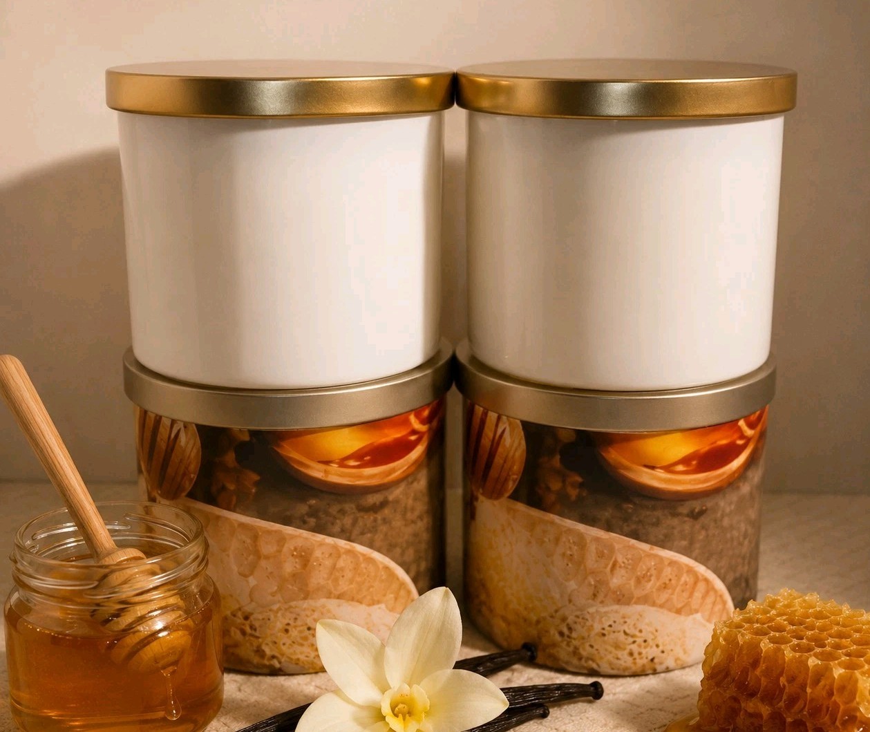 Set Of 4 TRUE LIVING ~VANILLA HONEY ~ 3WICK SCENTED CANDLES 14.5oz Brand New