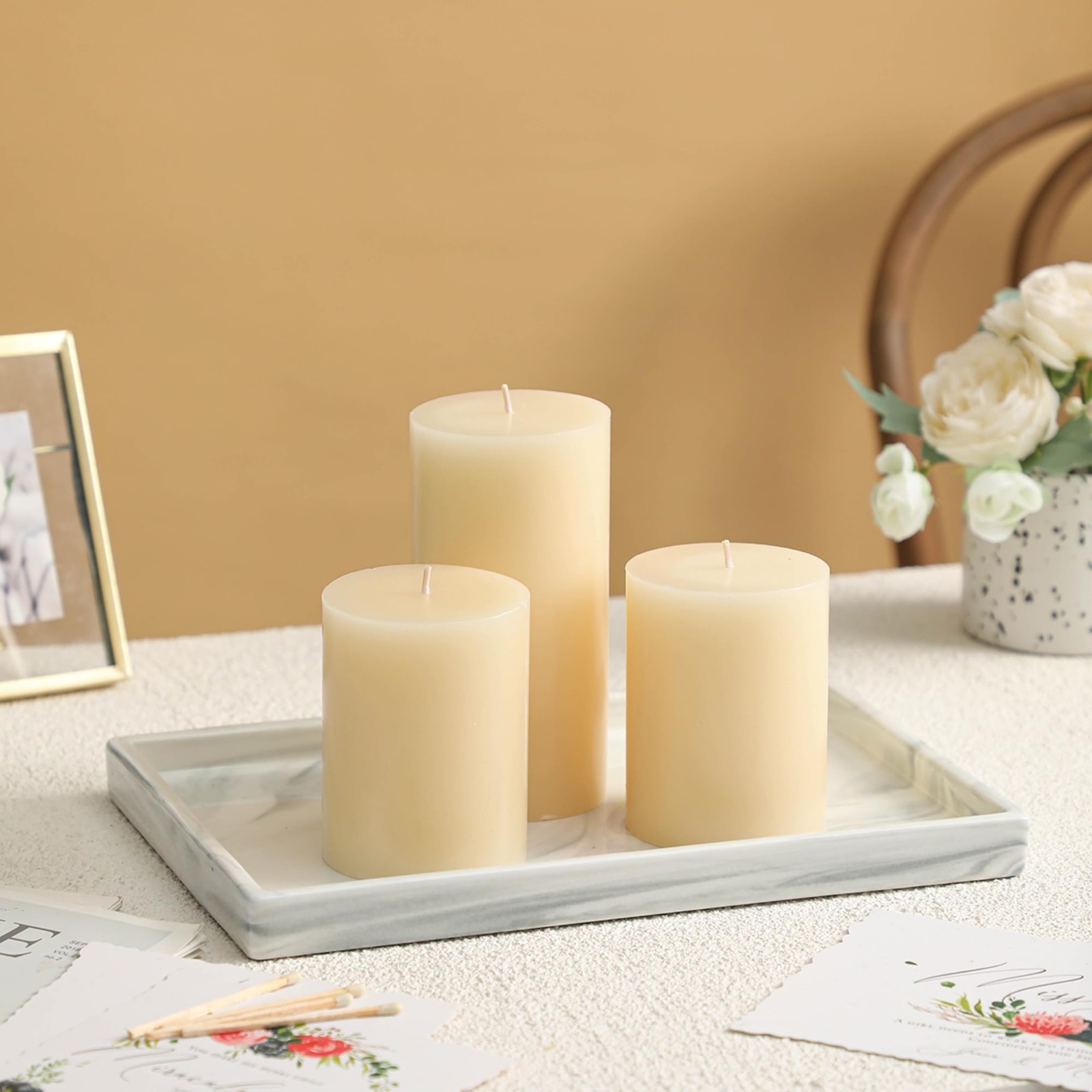 Set of 3 Ivory Pillar Candles 3×6 Inch – Unscented, Long Burning, Dripless for W