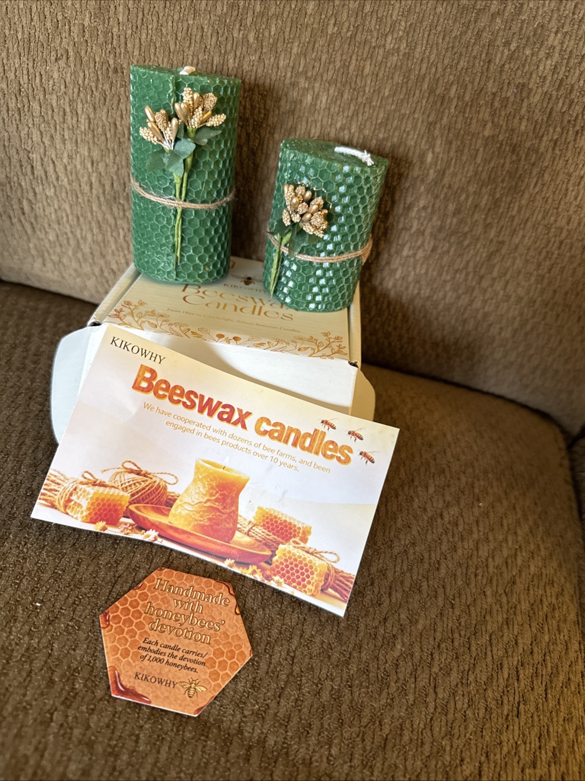 Set Of “2” Green Beeswax Candles In A Gift Box