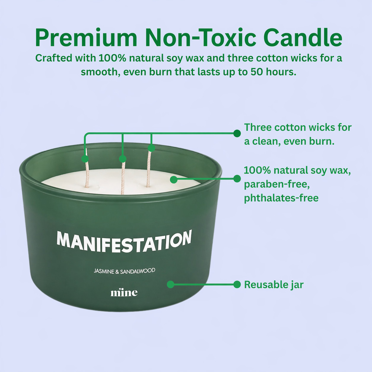 Scented Soy Candle Jasmine & Sandalwood Scent 3 Wick Light Green 50Hr Burn