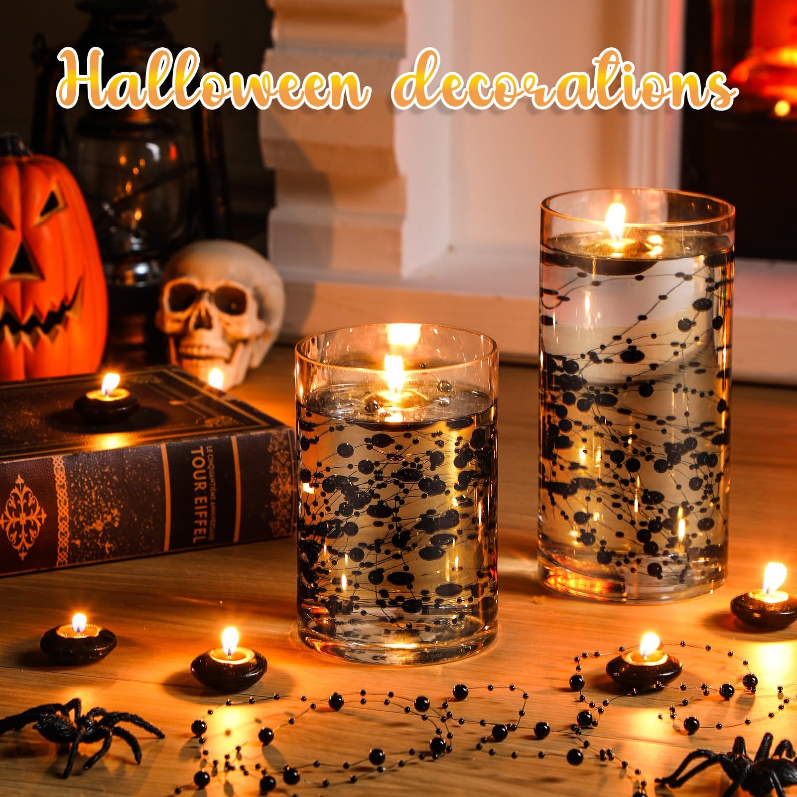 Fumete 40 Pcs Black Floating Candles with Pearl Strings