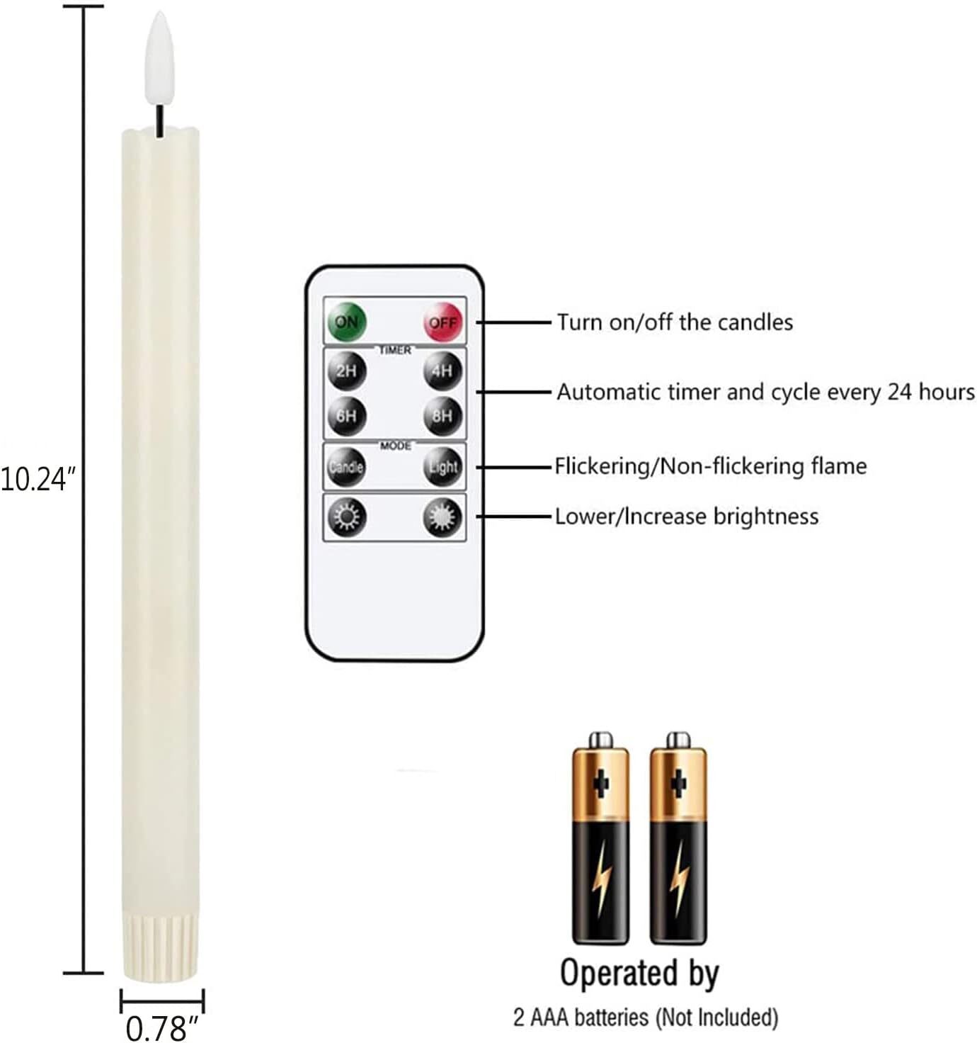6X Flameless Taper Candles Light Flickering Battery Operated with Remote Timer