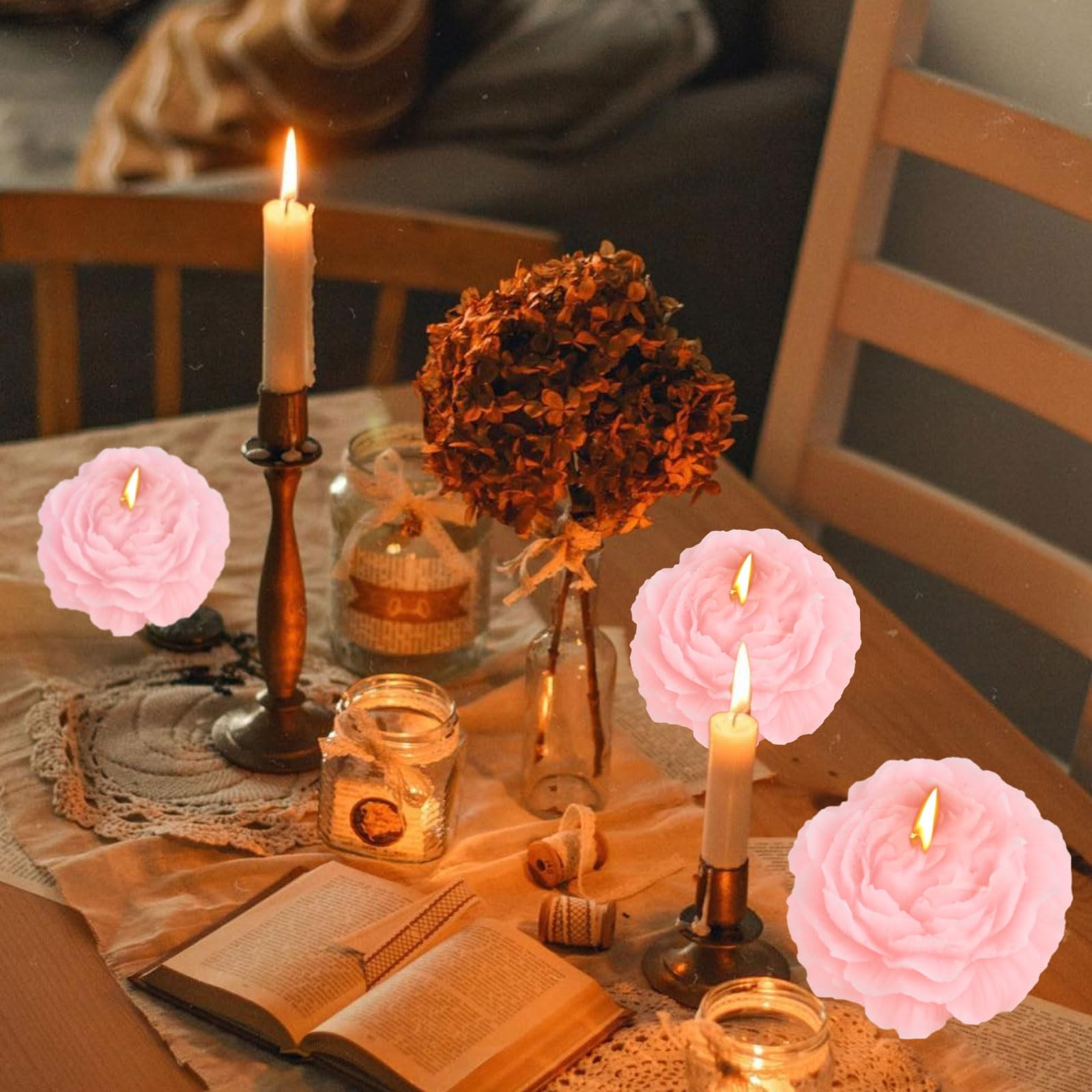 Pink Peony Flower Shape Soy Wax Decorative Candle, Scented Gift for Bedroom