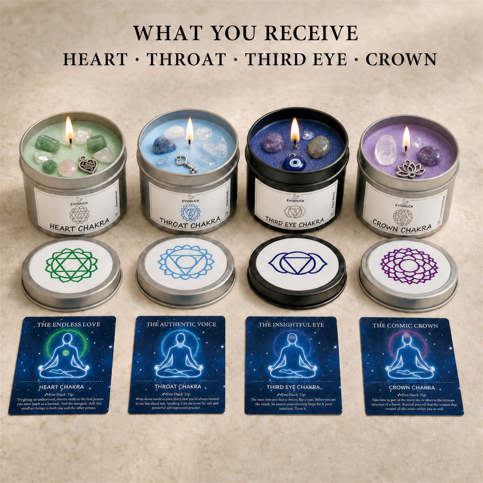 4-Piece EVODUCK Upper Chakra Healing Candle Set, Crystals, Meditation