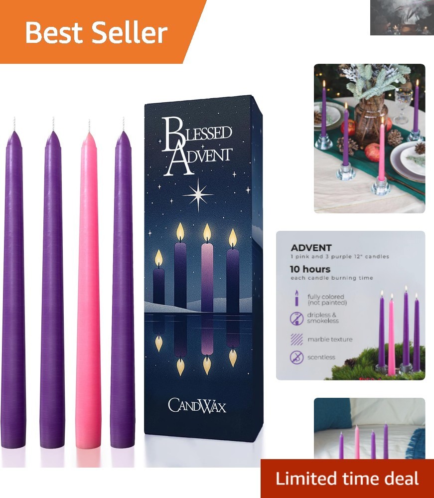 Christmas Advent Candles – Set of 4 Long Burning Dripless Taper Candles 12-Inch