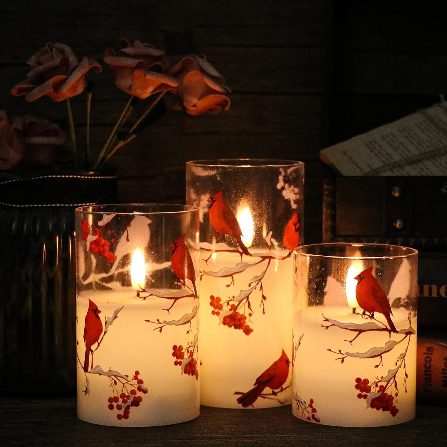 GenSwin Red Bird Glass Flameless Candles with Remote Timers, Battery Operated