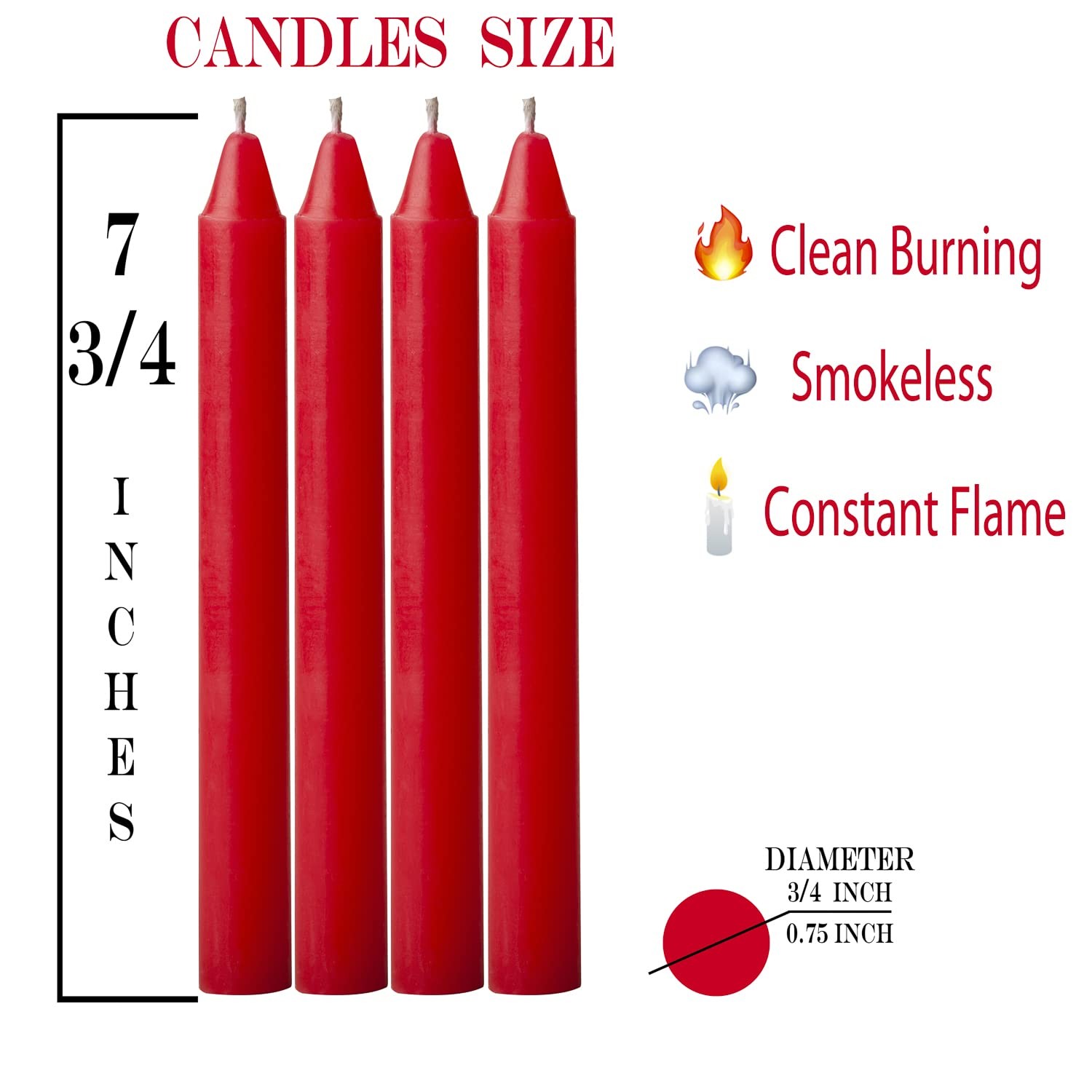 Red Taper Candles 4 Pcs 7.75 In Tall 3/4 In Smokeless Dinner Wedding Party Decor