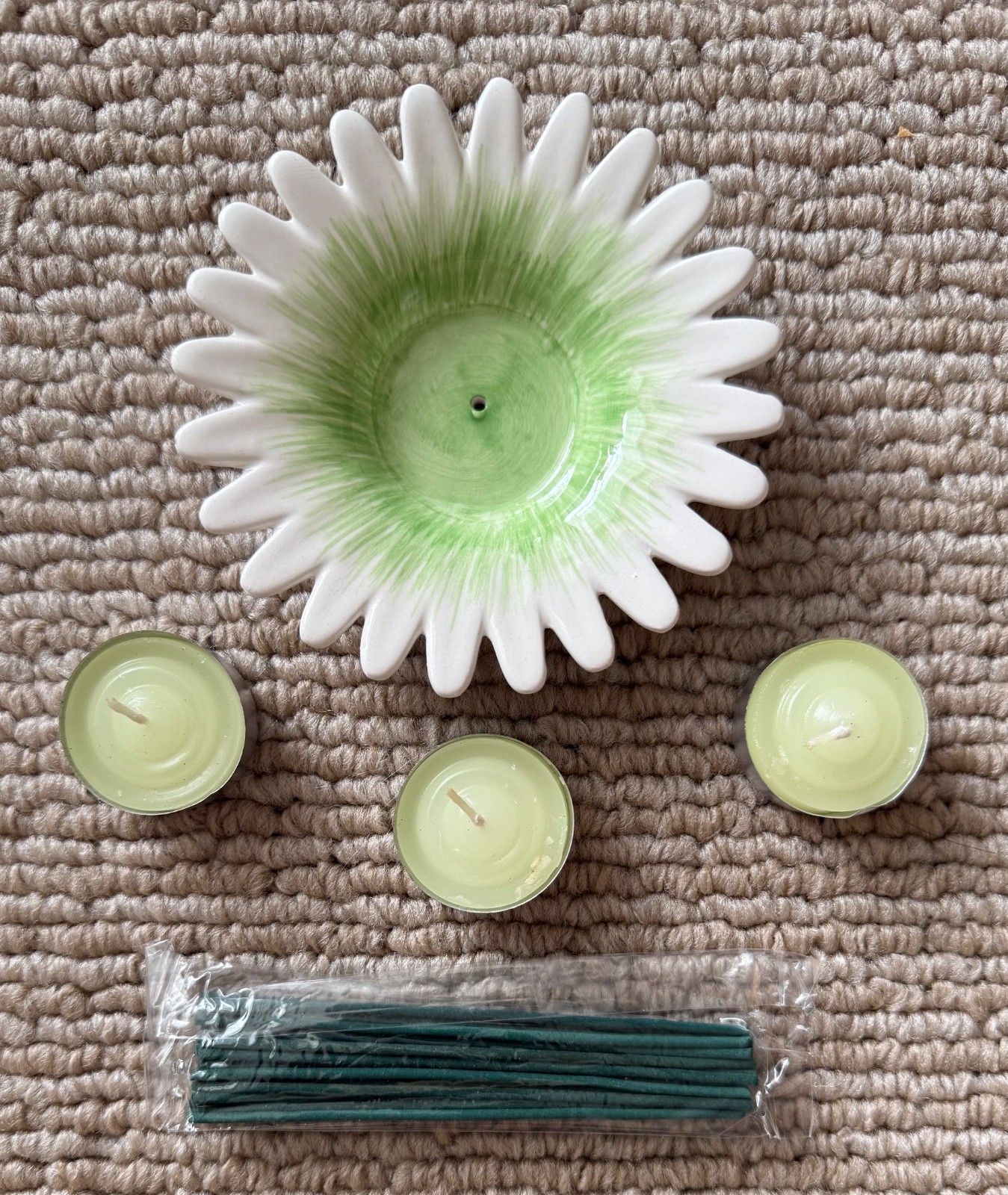 3 Tea Light Candles & Incense With Flower Petal Holder Dish