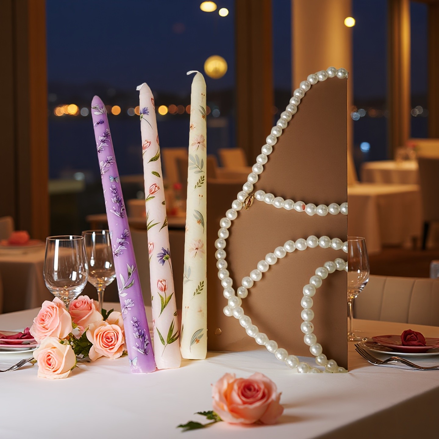 2pcs Taper Candles, Floral Print Smokeless Tapered, 25cm Fancy Dinner Candles