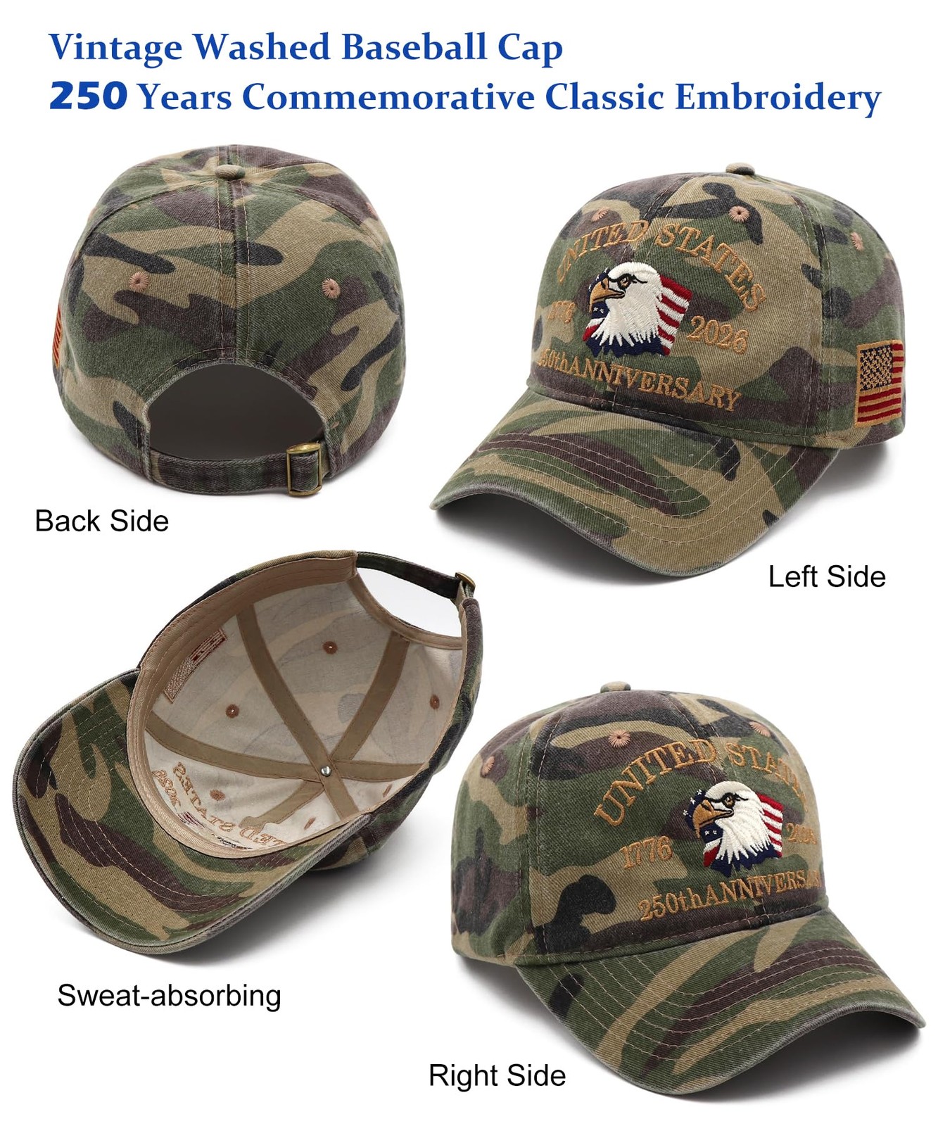 2 Pack USA 250th Anniversary Patriotic Embroidered Baseball Cap 17762026, Ame…