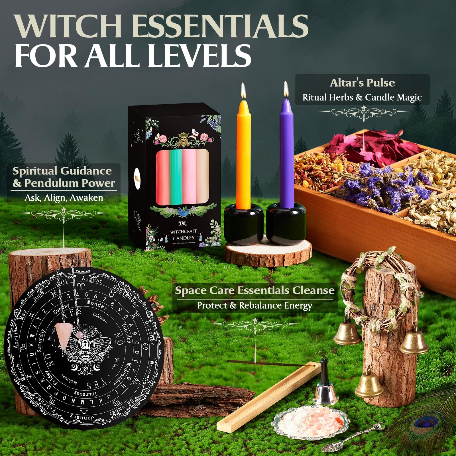 Witchcraft Kit: 150 Wiccan Supplies – Herbs, Crystals, Candles, Altar Tools