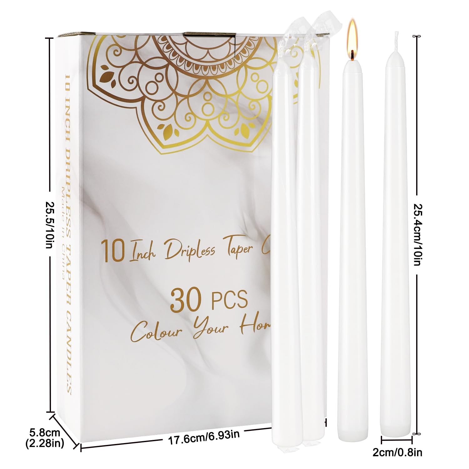 30 Pack 10 Inch White Unscented Taper Candles 8 Hour Long Burning Dripless